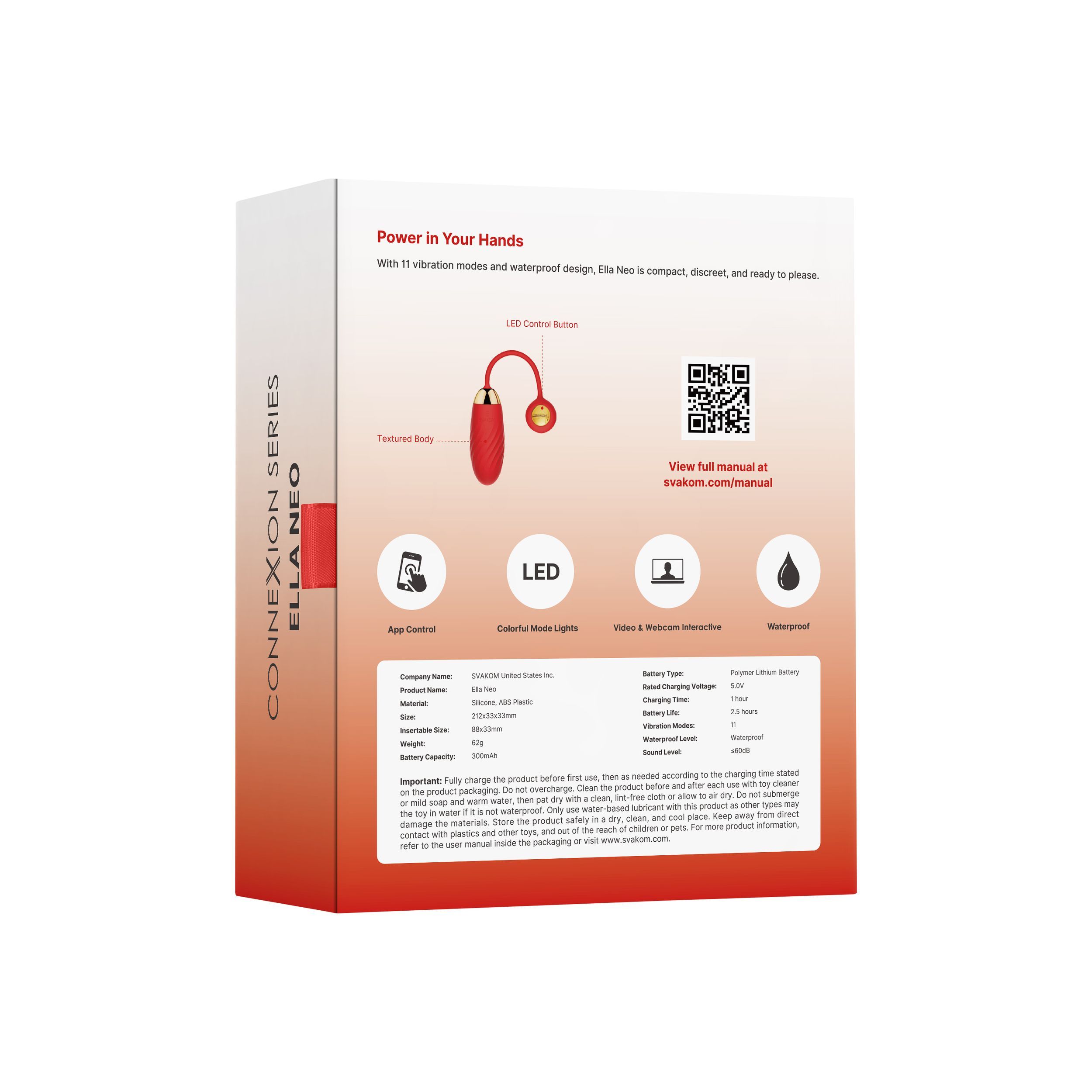 Dos de l'emballage de SVAKOM Ella Neo. Informations sur le produit et codes QR.
