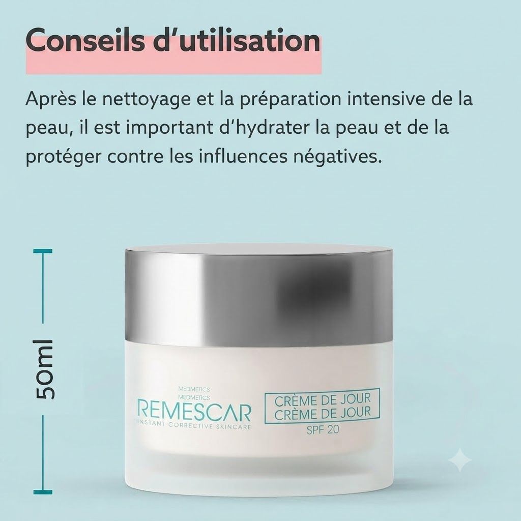 Crème de jour Remescar dans un pot en verre dépoli avec un couvercle argenté. 50ml.