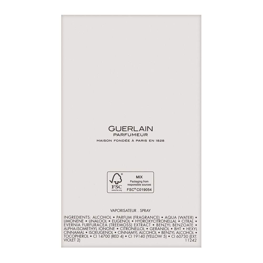 Achterkant van de verpakking van Guerlain Parfumeur. Bevat ingrediënten, FSC-logo en andere informatie.
