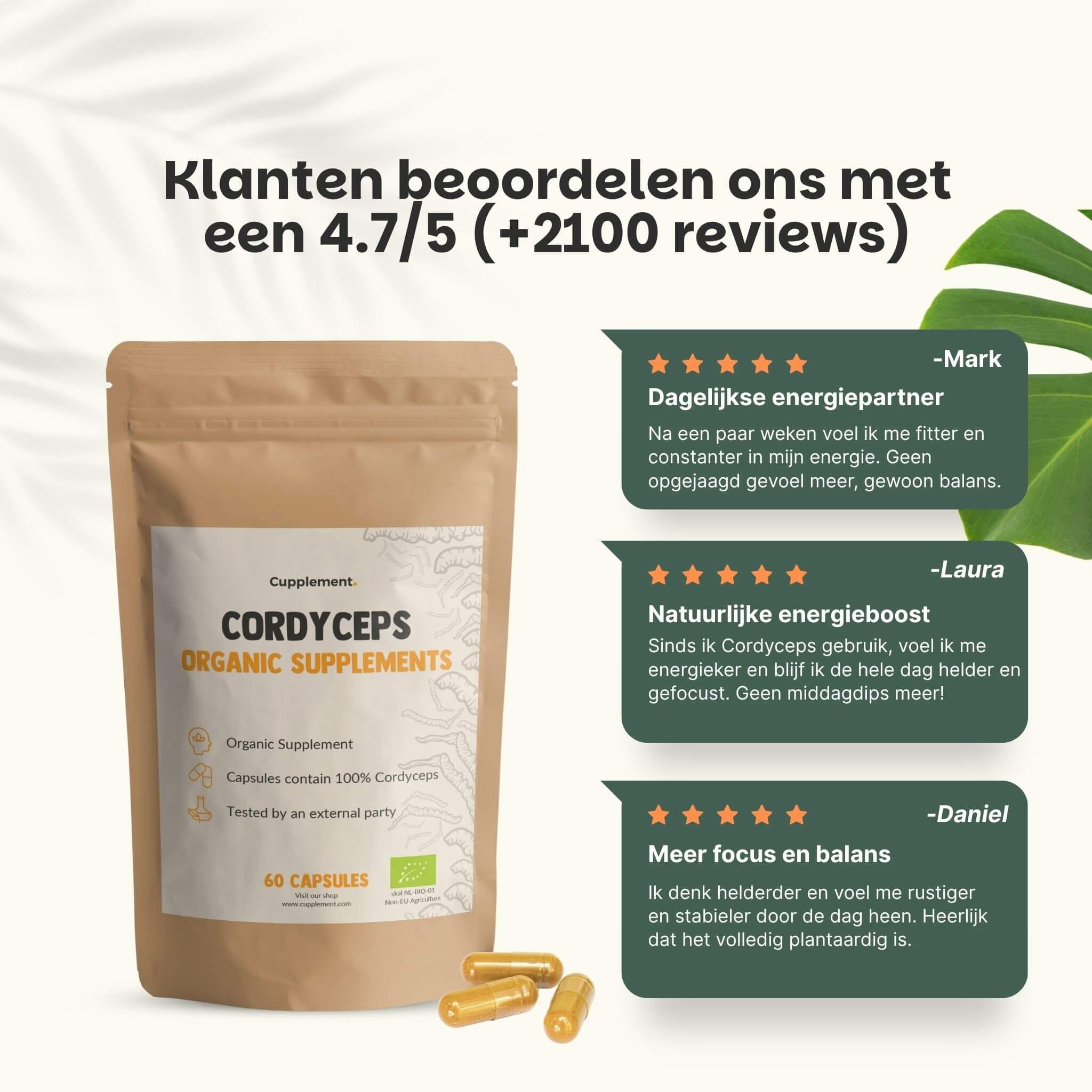 Cordyceps-capsules. Bruin zakje met tekst en capsules. Klantbeoordeling: 4,7 van de 5 sterren. Citaten van klanten.