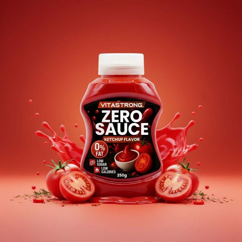 Rode fles Vitastrong Zero Sauce Ketchup Flavor met ketchup spetters en tomaten. 0% vet, weinig suiker, weinig calorieën. 250g.