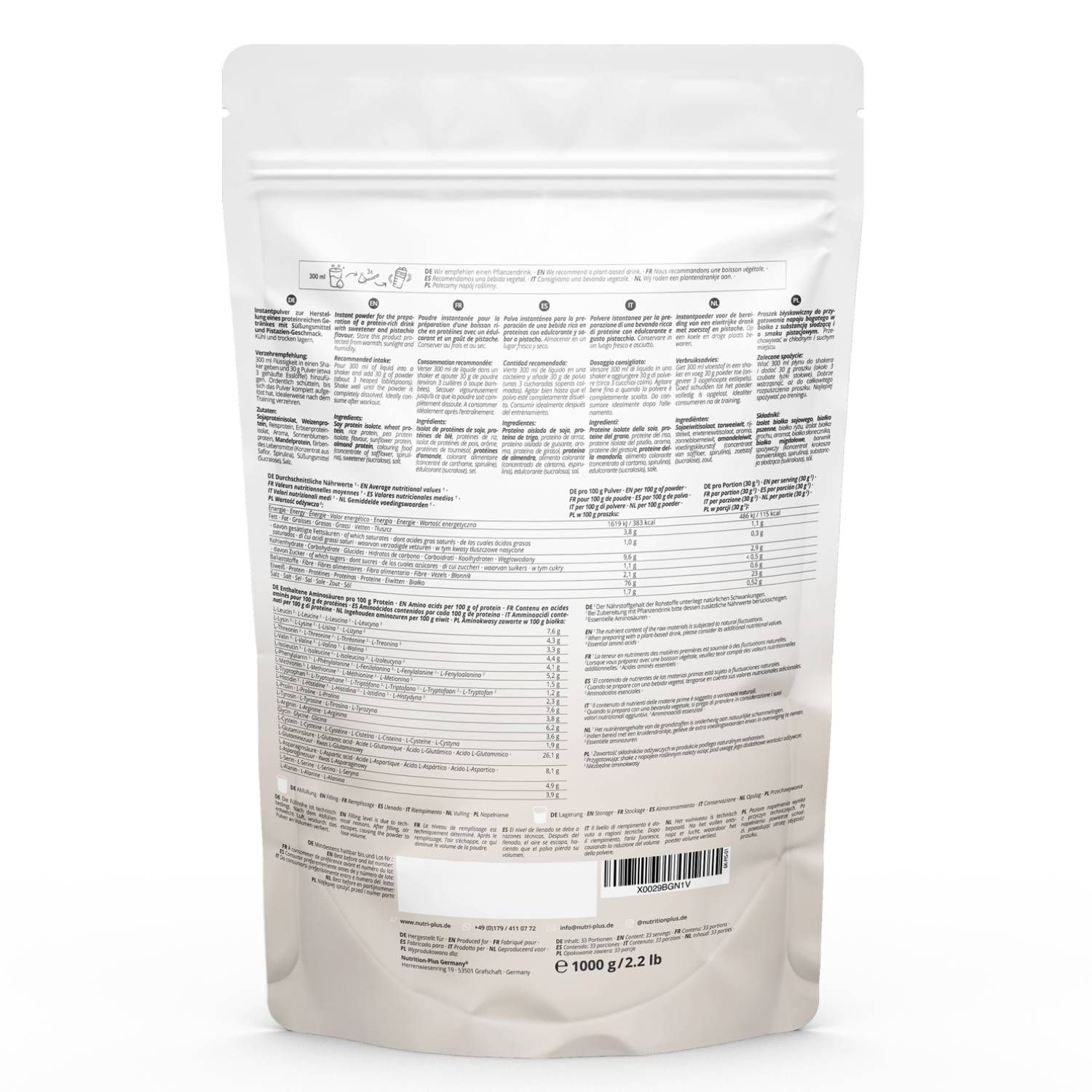 Dos du sachet nutri+ 6K PROTEIN. Contient des informations sur les ingrédients, les valeurs nutritionnelles et les coordonnées du fabricant. Poids : 1000 g / 2.2 lb.