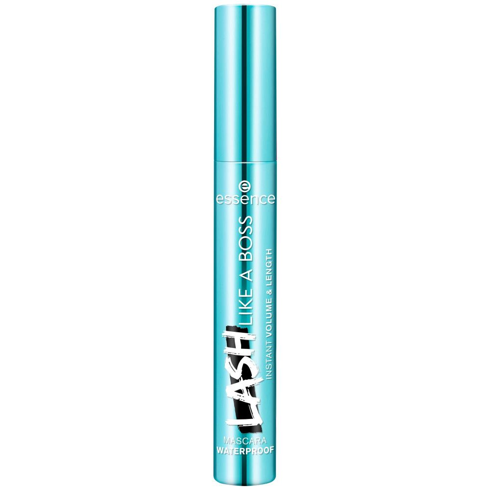 Tube de mascara turquoise. Inscription : LASH LIKE A BOSS, Instant Volume & Length, Waterproof. Marque : essence.