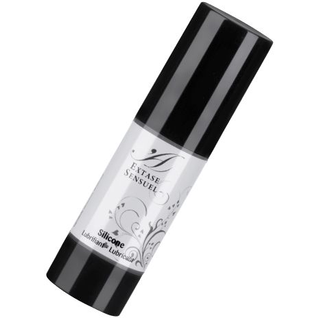 Flacon noir avec pompe doseuse, étiquette 'Extase Sensuel Silicone Lubricant'.
