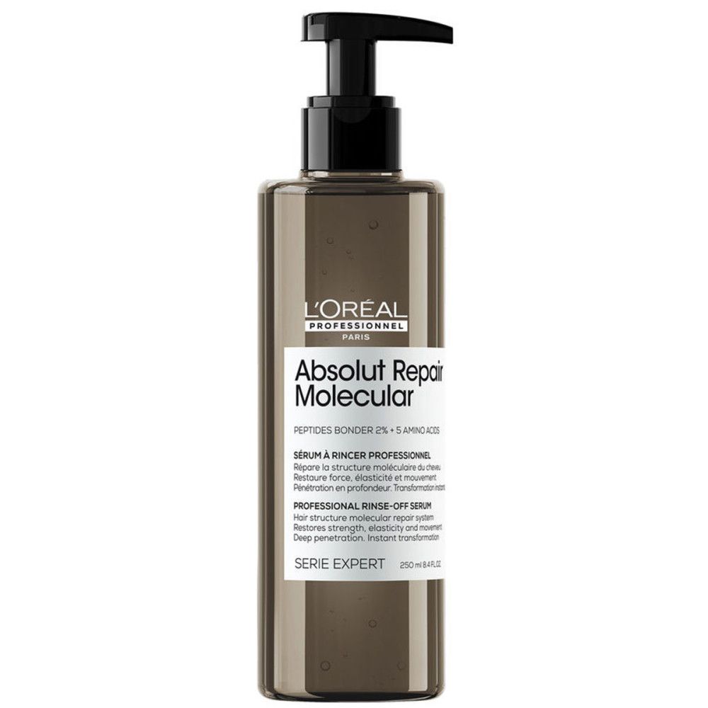 Flacon marron avec pompe noire. Inscriptions: L'Oréal Professionnel, Absolut Repair Molecular. Nom du produit et informations.