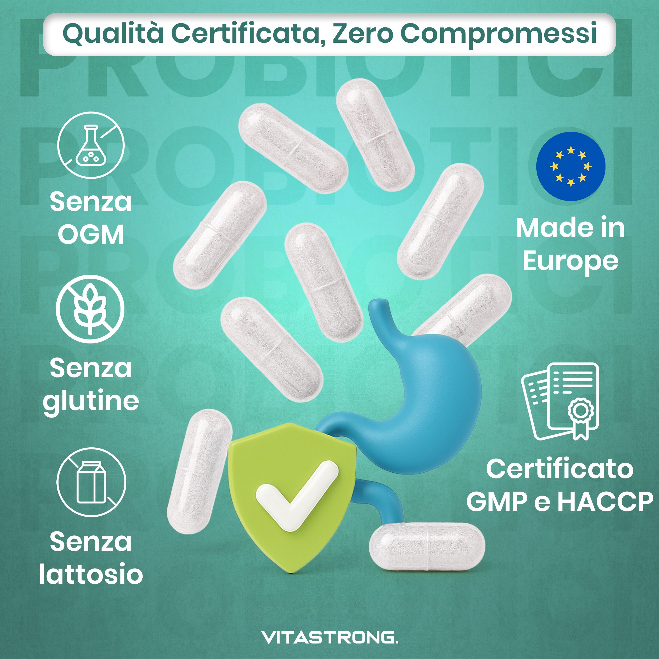 Capsules en certificaten. Tekst: Qualità Certificata, Zero Compromessi. Zonder GGO's, gluten, lactose. GMP en HACCP gecertificeerd.