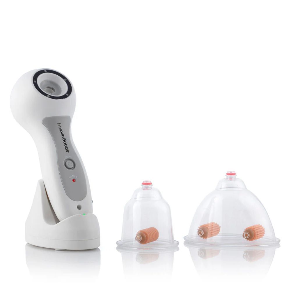 Wit apparaat met oplaadstation en twee transparante opzetstukken. Merk: InnovaGoods.