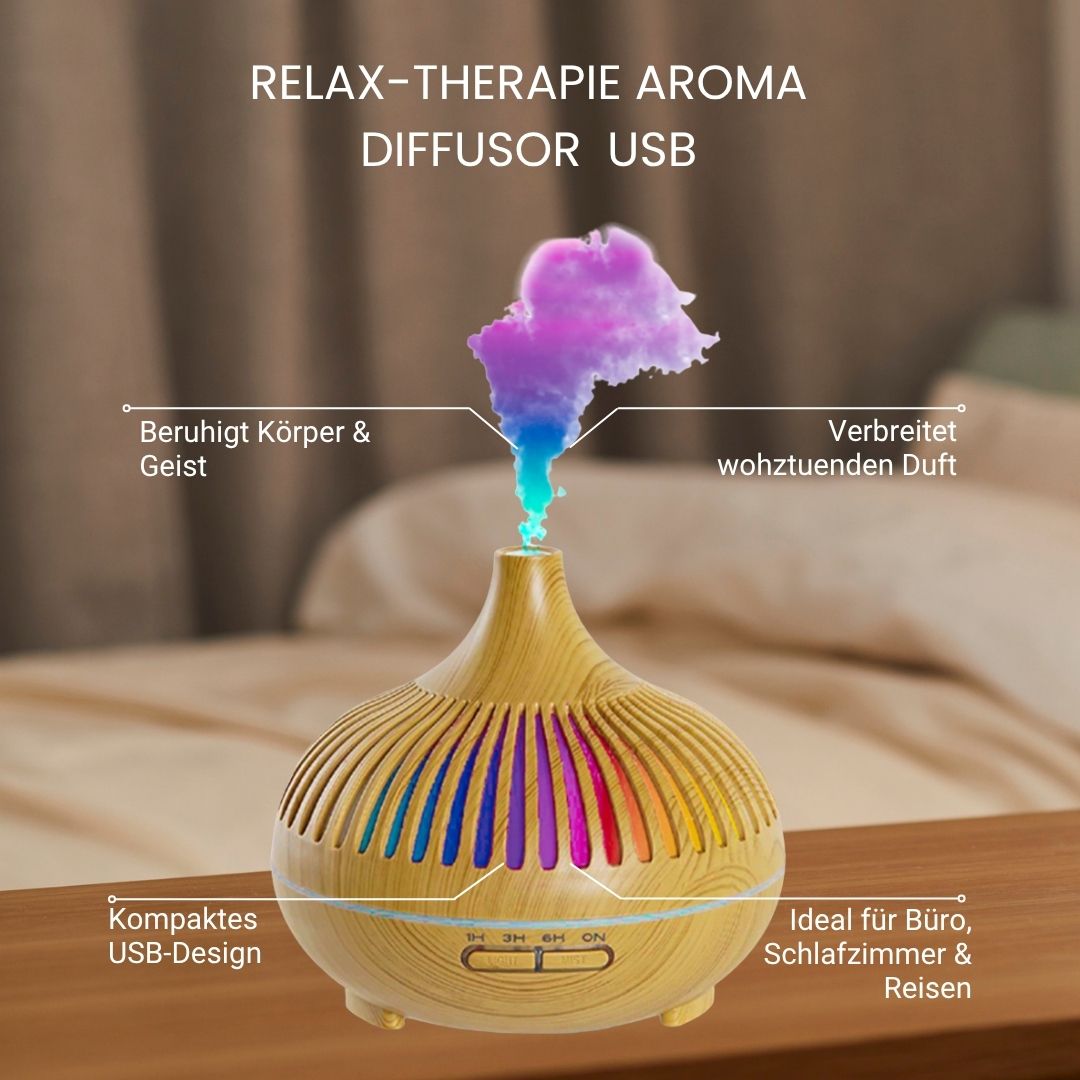 Houtnerf aroma-diffuser met gekleurde verlichting. Tekst: Relax-therapie Aroma Diffuser USB. Op houten oppervlak.