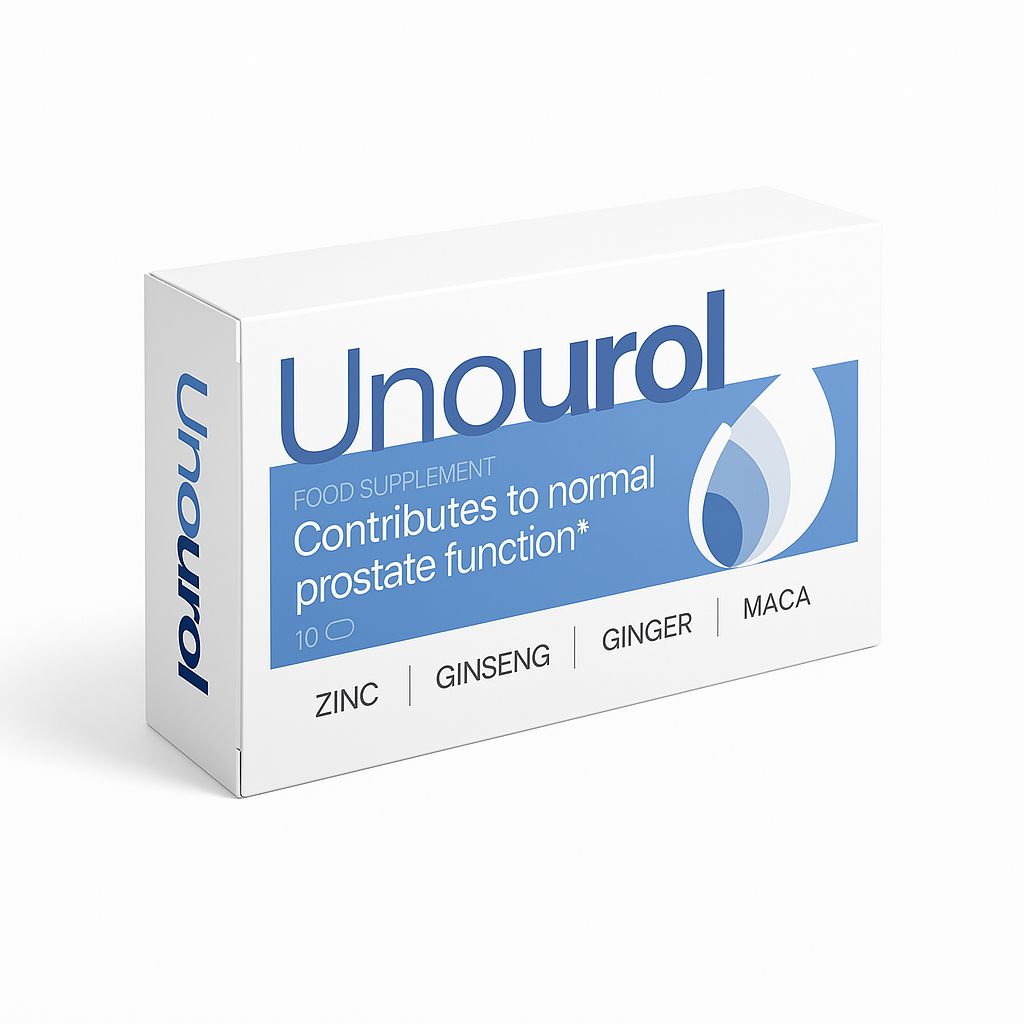 Witte doos met blauwe tekst: Unourol. Voedingssupplement voor prostaatfunctie. Bevat zink, ginseng, gember, maca.