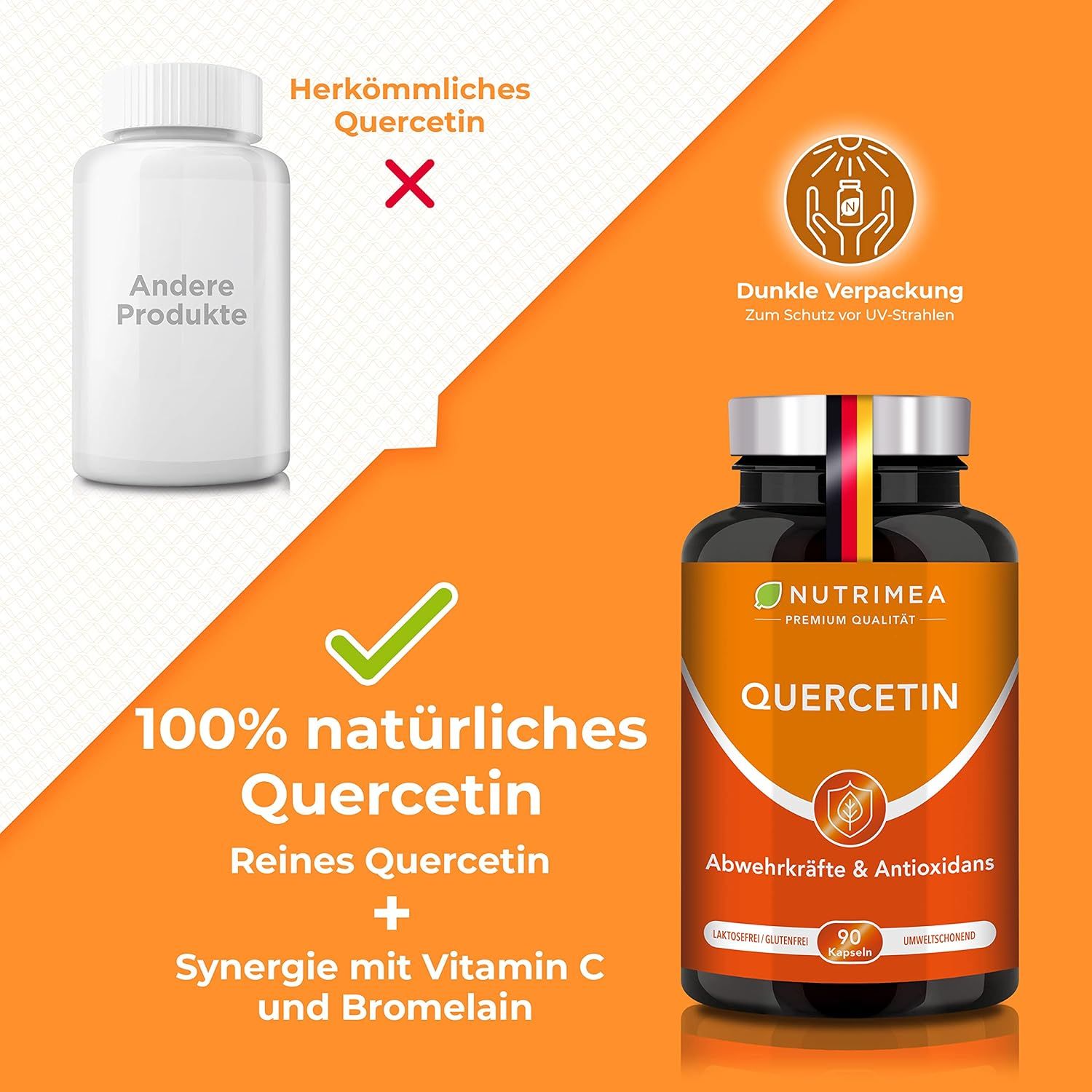 Comparaison : Autres produits vs. Quercétine 100% naturelle. Flacon QUERCETIN avec vitamine C et bromélaïne. Emballage sombre pour protection UV.