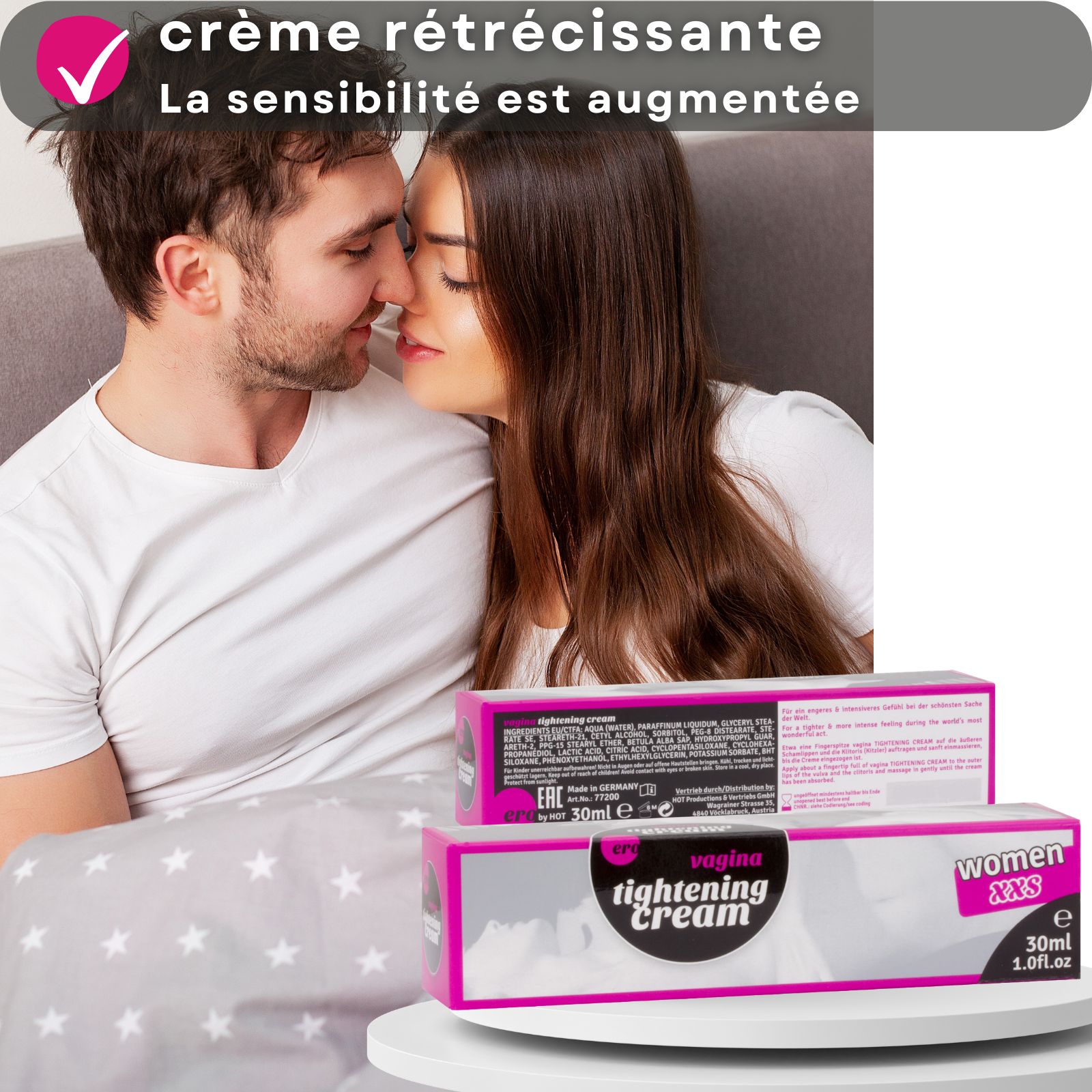 Tube et boîte. Inscription : vagina tightening cream. Marque : ero. Conditionnement : 30 ml.