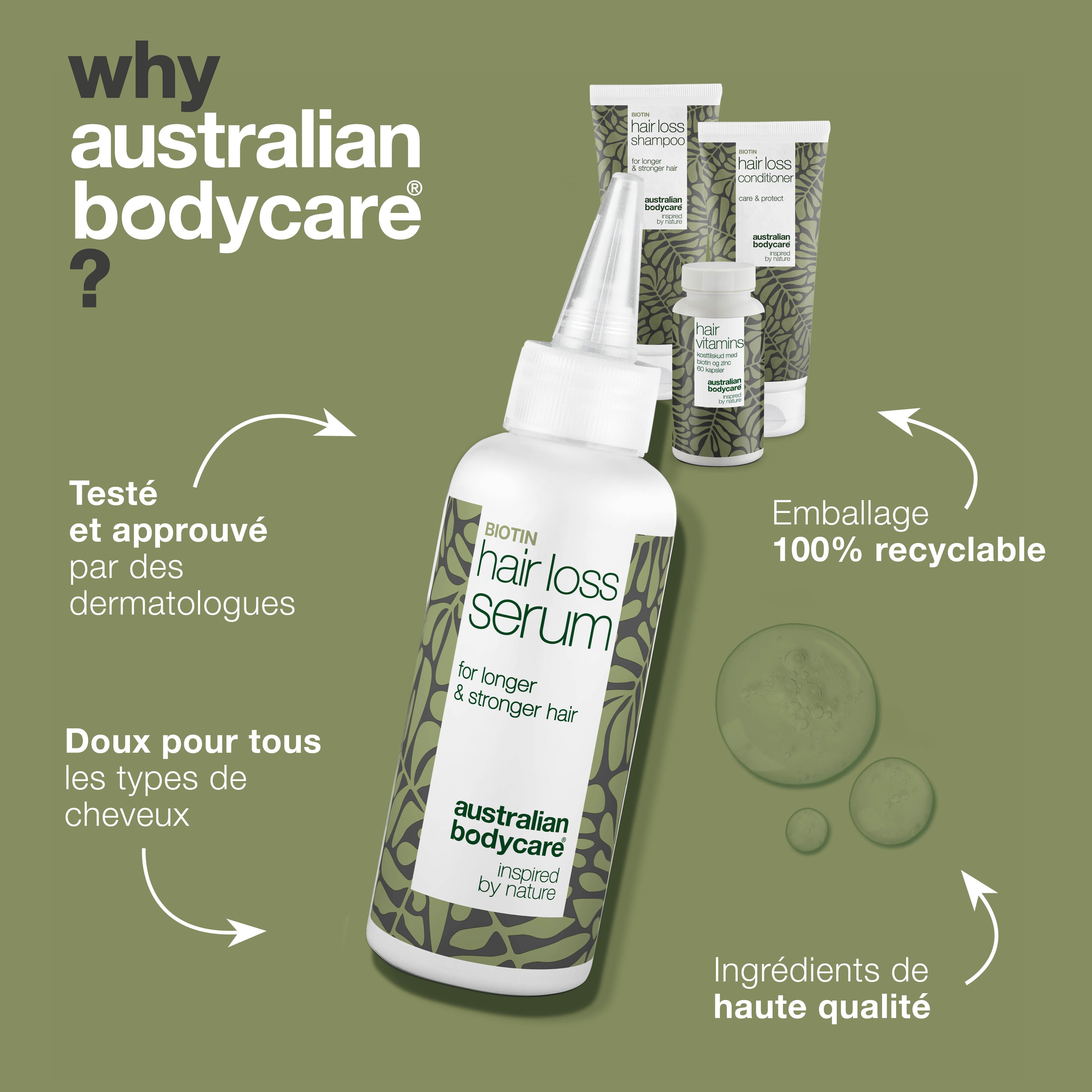 Flacon de sérum capillaire, à côté shampooing, après-shampooing et comprimés. Texte : Pourquoi Australian Bodycare ?