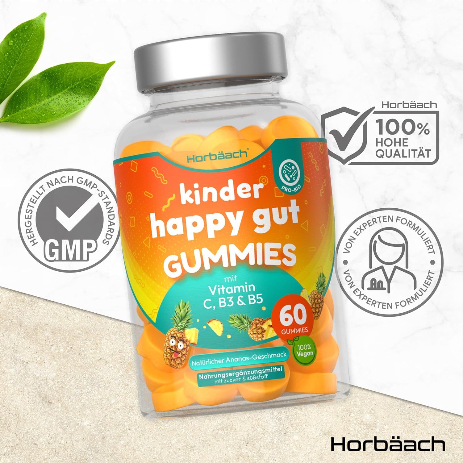 Flacon de gummies. Inscription : kinder happy gut GUMMIES avec Vitamine C, B3 & B5. 60 gummies. Normes GMP. Haute qualité.