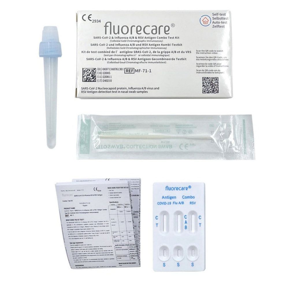Fluorecare sneltestkit: testcassette, wattenstaafje, extractiebuis en handleiding.