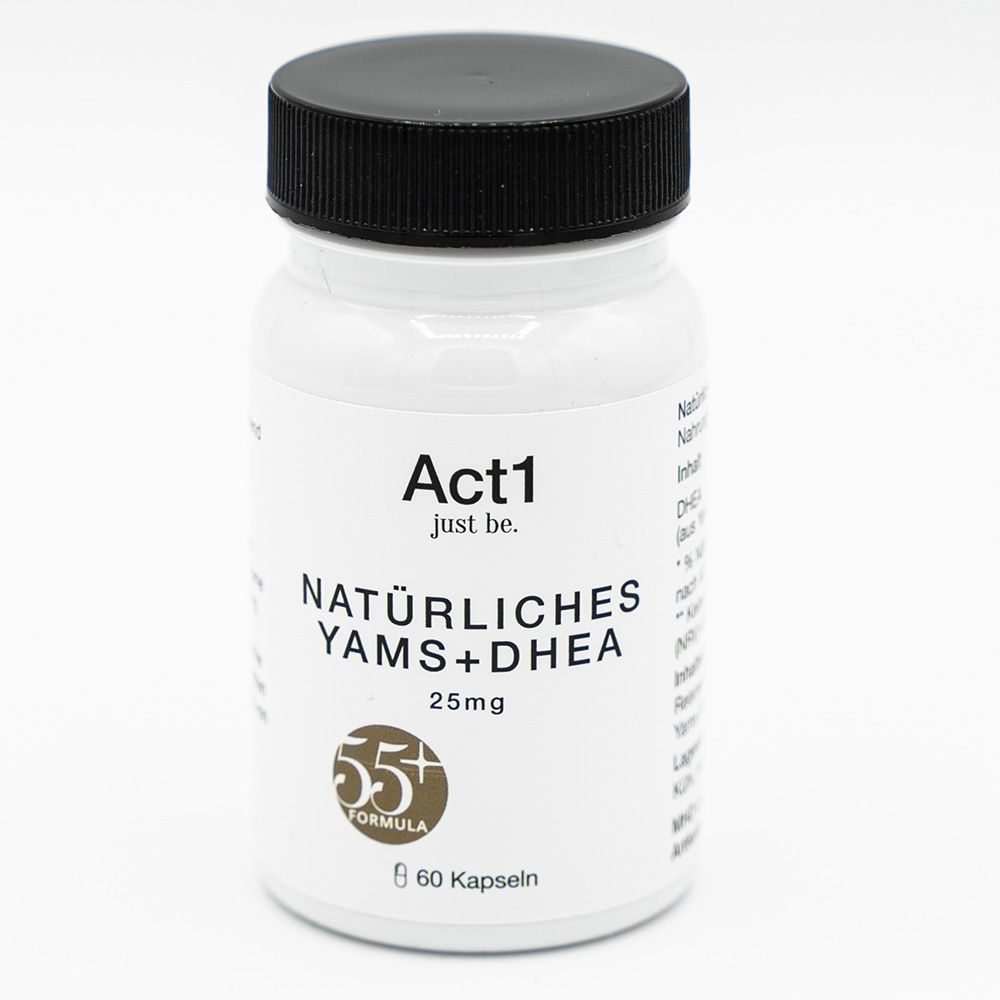 Witte fles met zwarte dop. Opschrift: Act1 just be. Natürliches Yams+DHEA 25mg. 60 capsules.