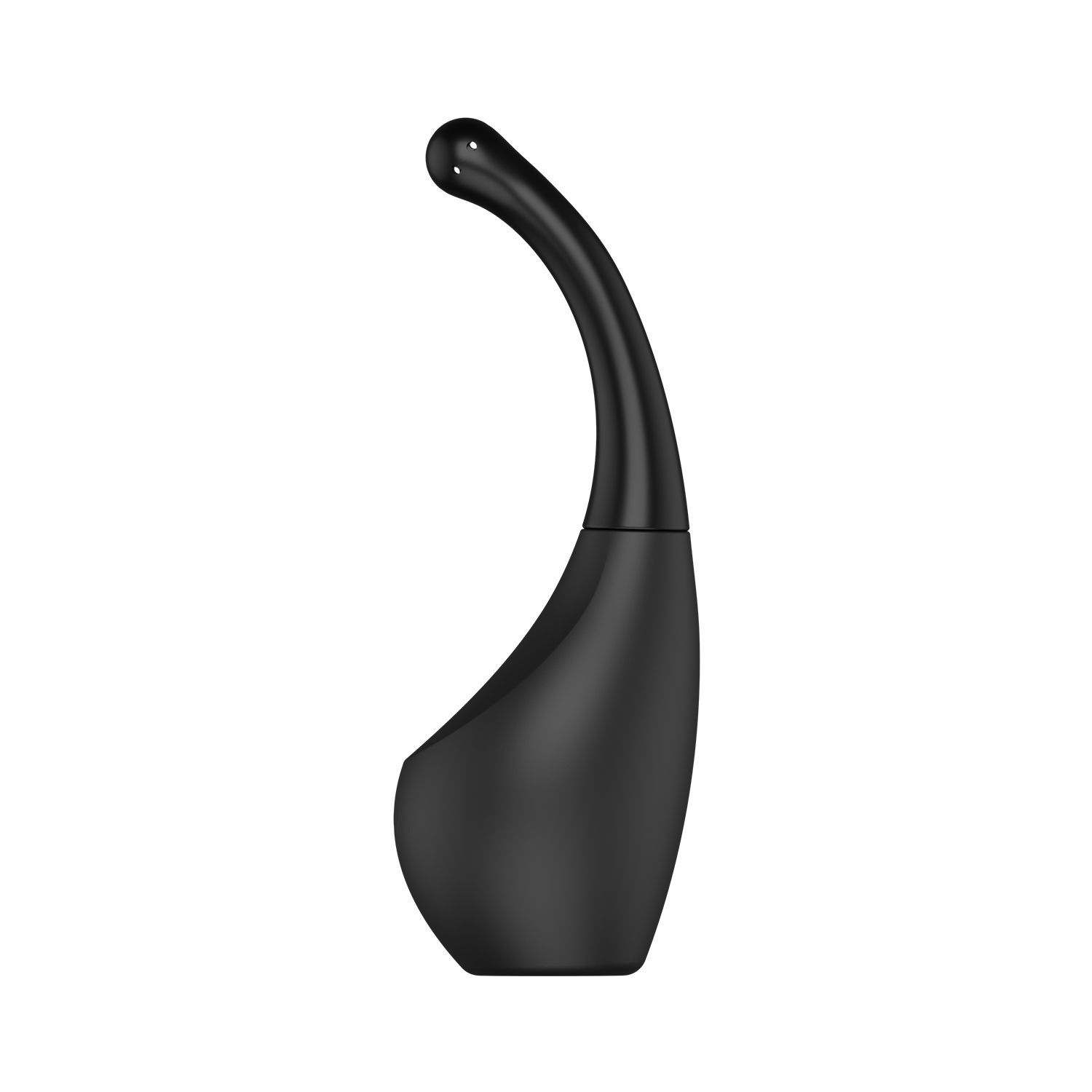 Zwart intiem reinigingsapparaat. Peer-vormig lichaam met gebogen hals en afgeronde punt.