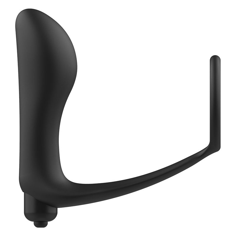 Zwarte anale vibrator met penislekkering, zijaanzicht. Materiaal: siliconen.