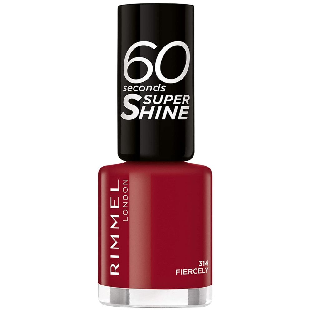 Rode nagellakfles met zwarte dop. Zwarte dop met witte tekst: 60 seconds Super Shine. Rimmel London.
