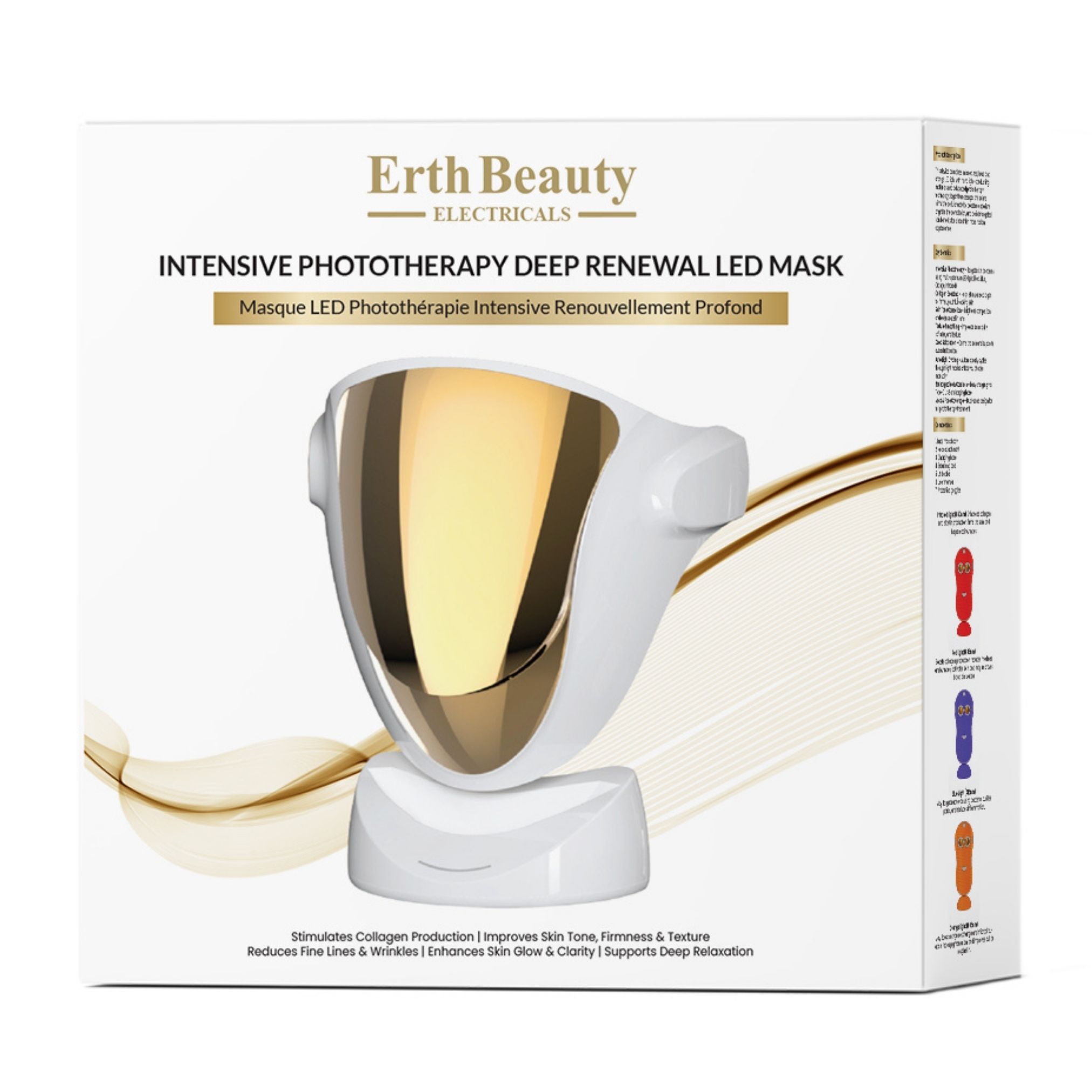LED-gezichtsmasker in verpakking. Wit en goudkleurig. Tekst: Erth Beauty, Intensive Phototherapy Deep Renewal LED Mask.