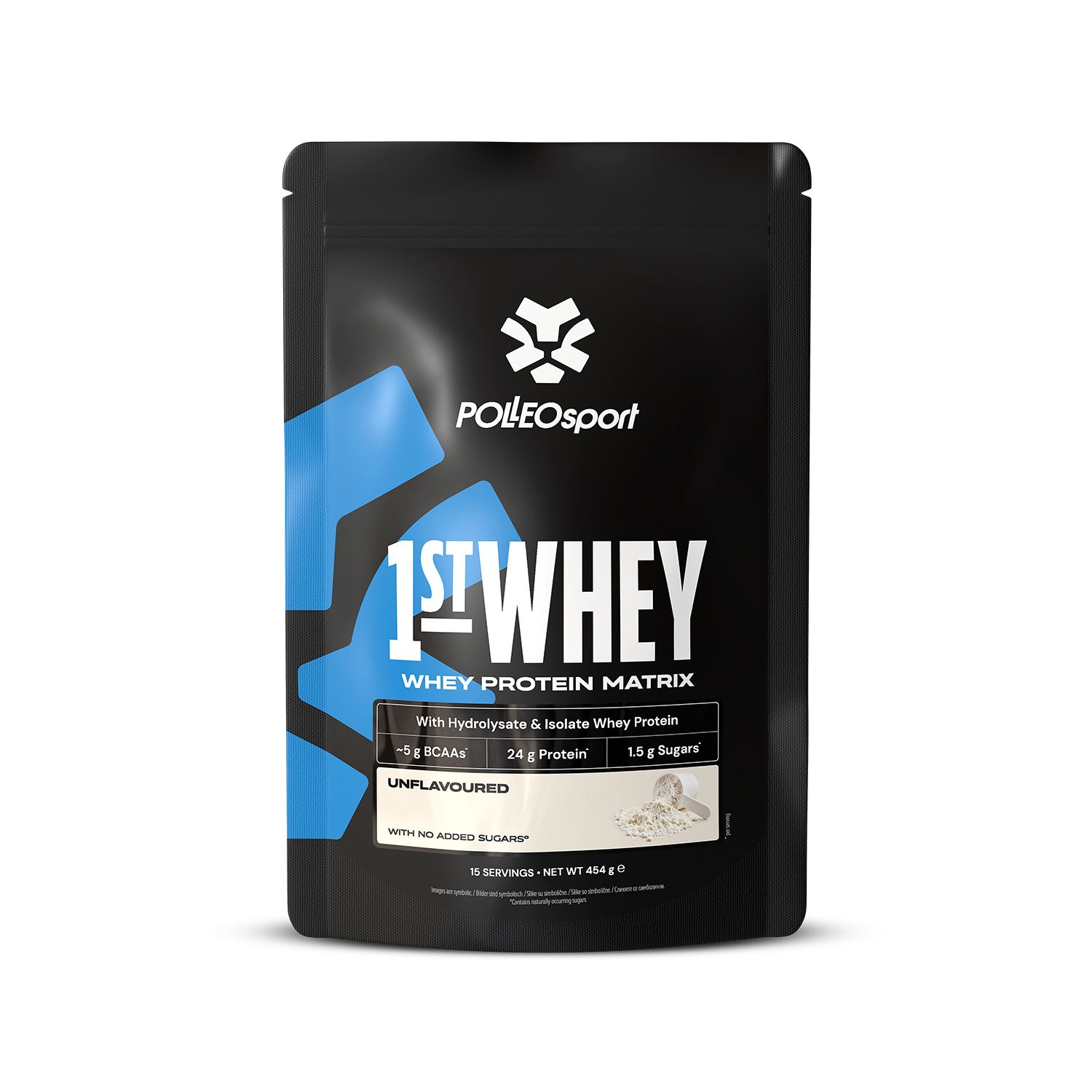 Emballage noir "1ST:WHEY" avec protéines de lactosérum. Marque PolleoSport. Sans saveur. 454g.