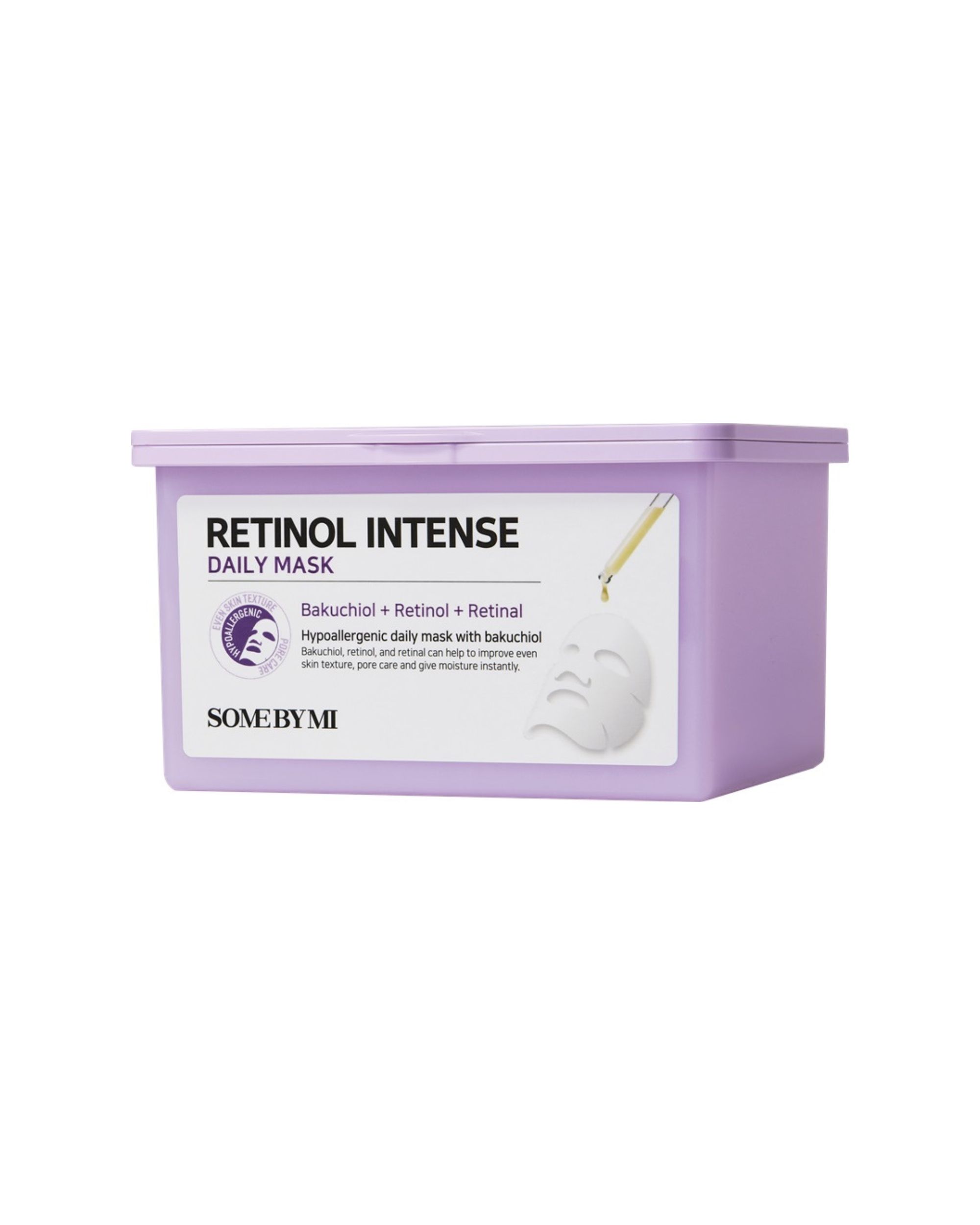 Paars bakje met deksel. Opschrift: Retinol Intense Daily Mask. Bevat gezichtsmaskers. Merk: SOMEBYMI.