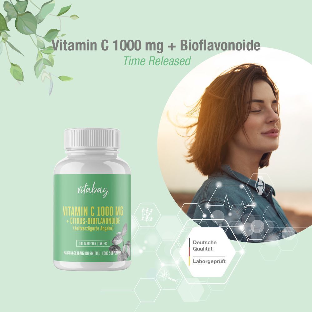Bouteille de Vitamine C 1000 mg + Bioflavonoïdes, libération prolongée. Qualité allemande, testé en laboratoire.