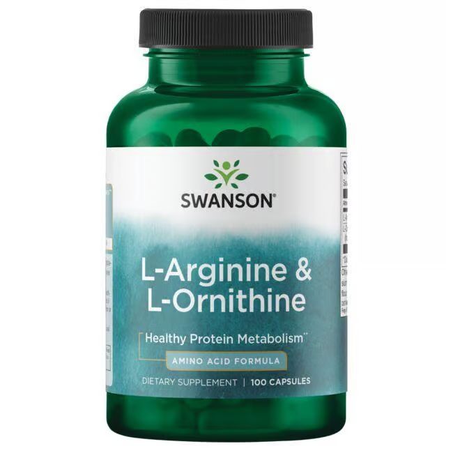 Flacon vert avec étiquette blanche. Inscription: SWANSON, L-Arginine & L-Ornithine, Amino Acid Formula, 100 capsules.