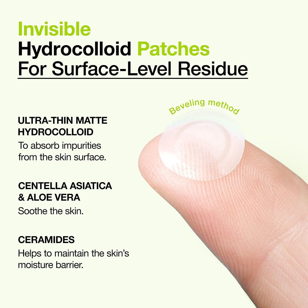 Vinger met transparante pleister. Tekst: Ultra-Thin Hydrocolloid, Centella Asiatica & Aloe Vera, Ceramides. Pleister.