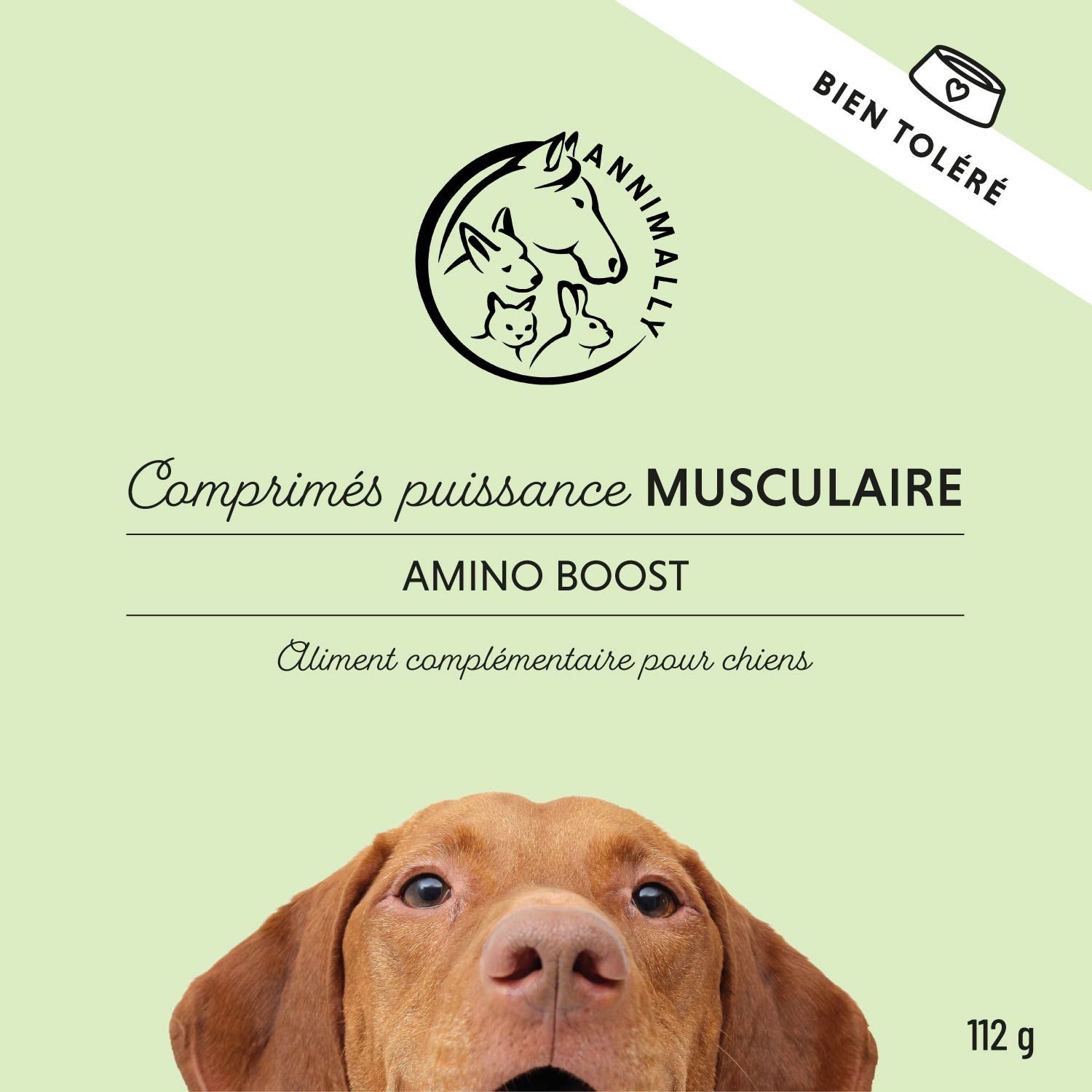 Emballage du produit avec chien. Inscription : Comprimés puissance musculaire, Amino Boost. Bien toléré.