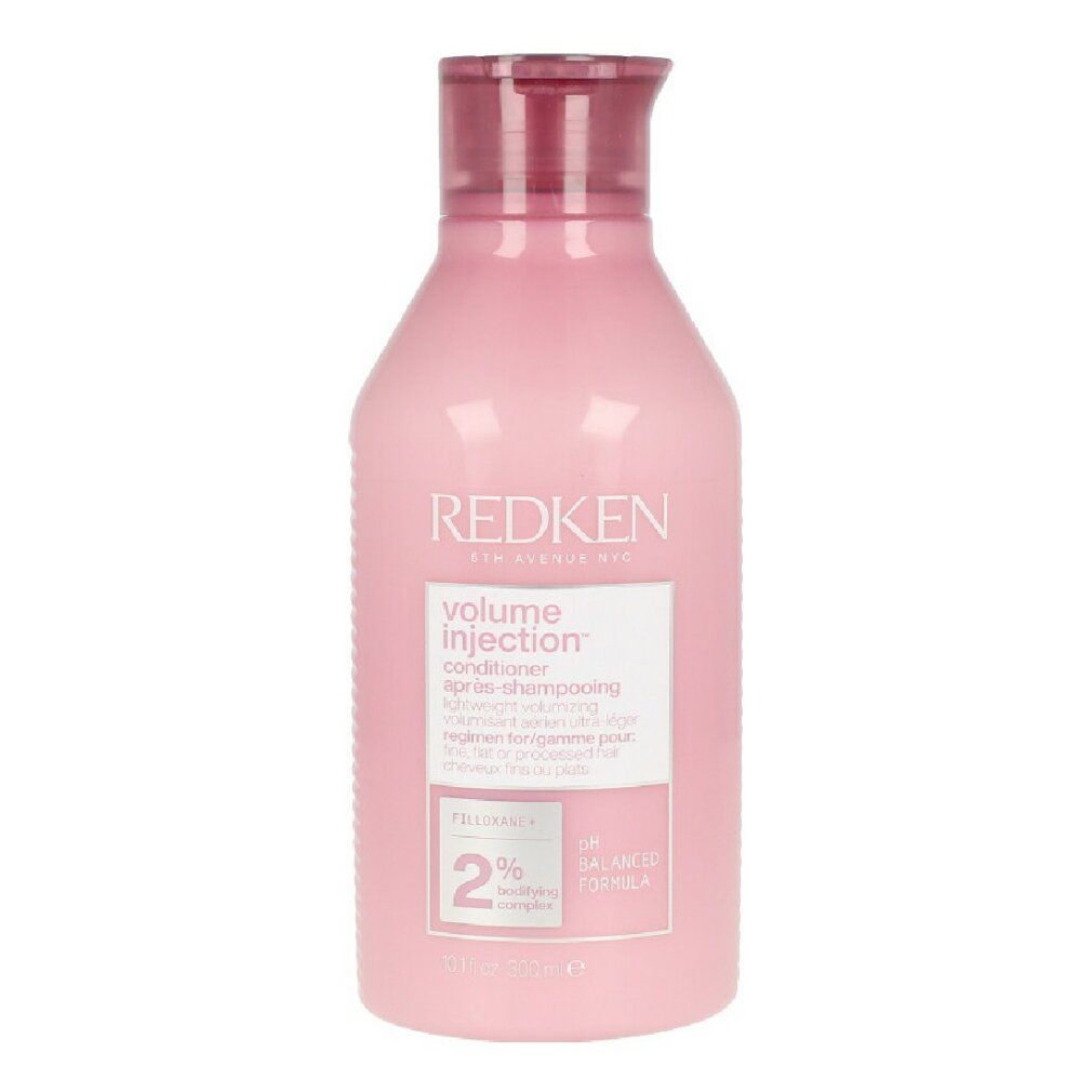 Flacon rose Redken Volume Injection Conditioner. Étiquette avec texte. Formule pH équilibré. 300ml.
