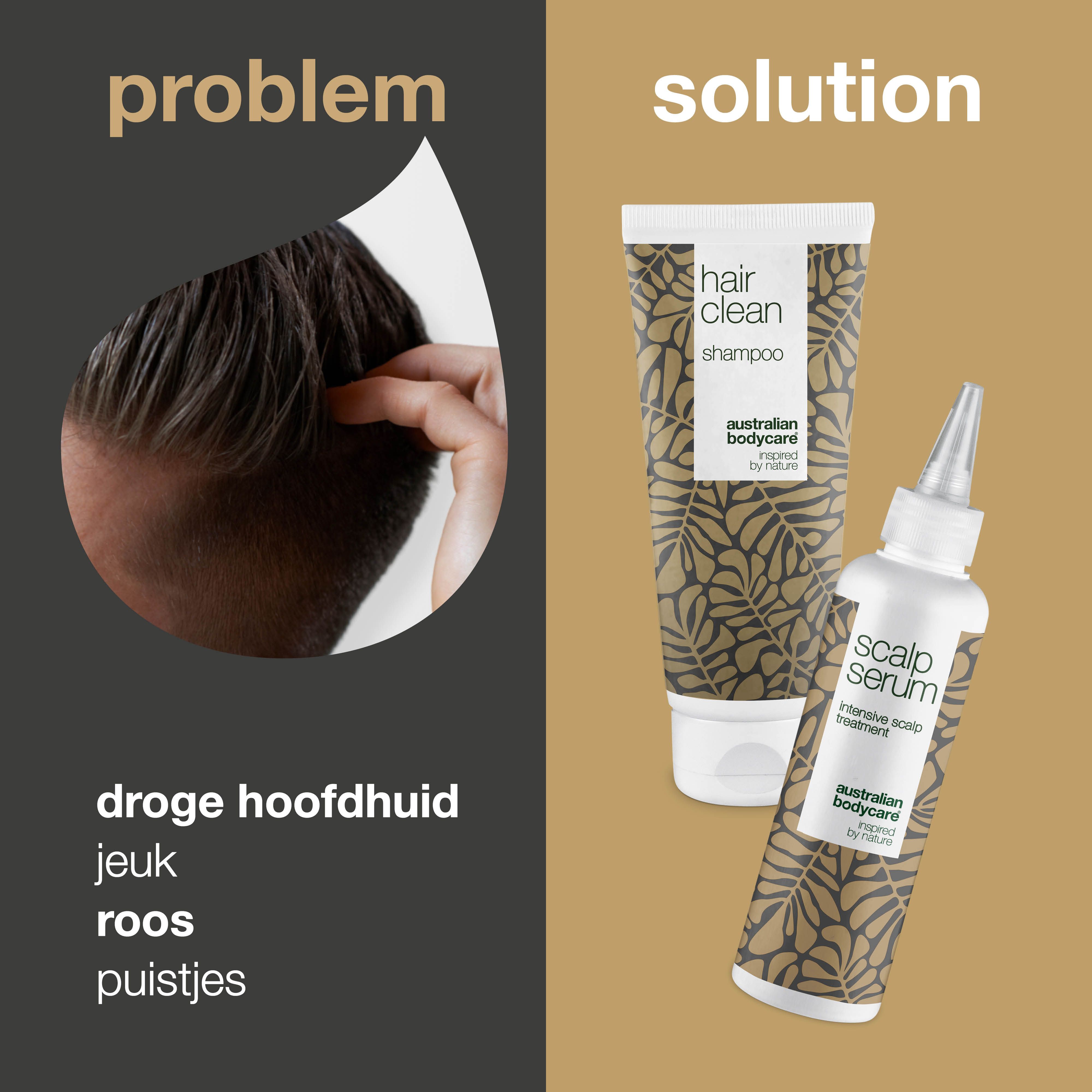 Probleem: droge hoofdhuid, jeuk, roos, puistjes. Oplossing: shampoo en hoofdhuidserum. Merk: Australian Bodycare.