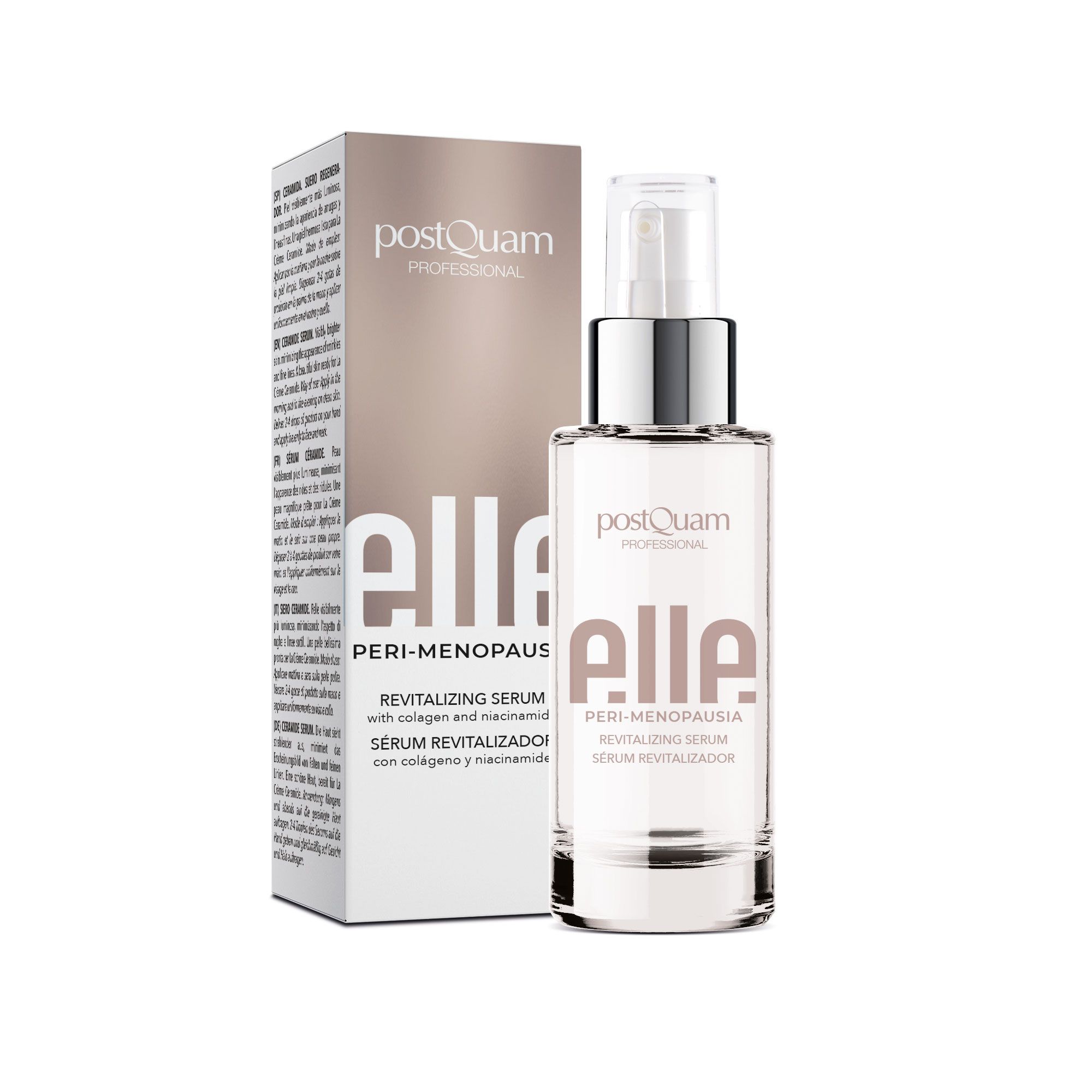 Serumfles en verpakking. Opschrift: PostQuam Professional, elle, Peri-Menopausia, Revitaliserend serum.