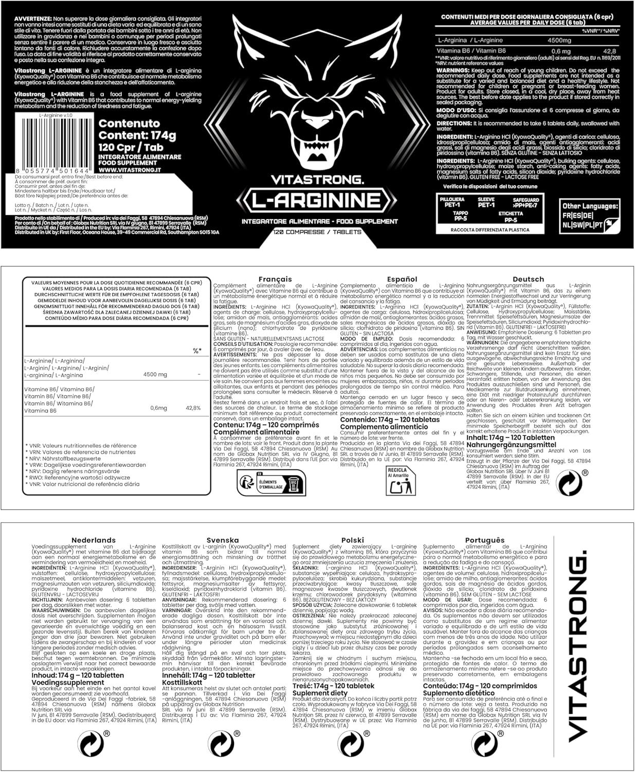 Étiquette Vitastrong L-Arginine + Vitamine B6. Contient 120 comprimés. Fond noir avec texte et logo.