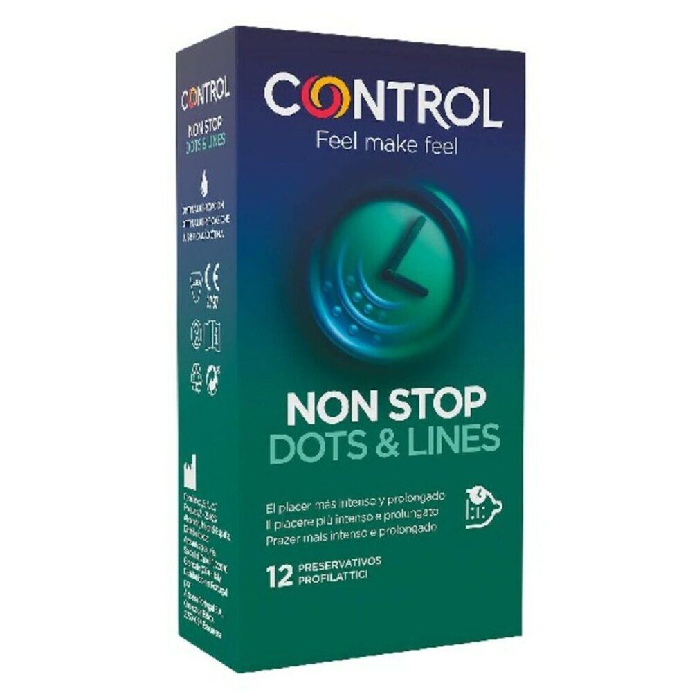Boîte de préservatifs Control Non Stop Dots & Lines. 12 préservatifs. Boîte verte et bleue avec logo et nom.