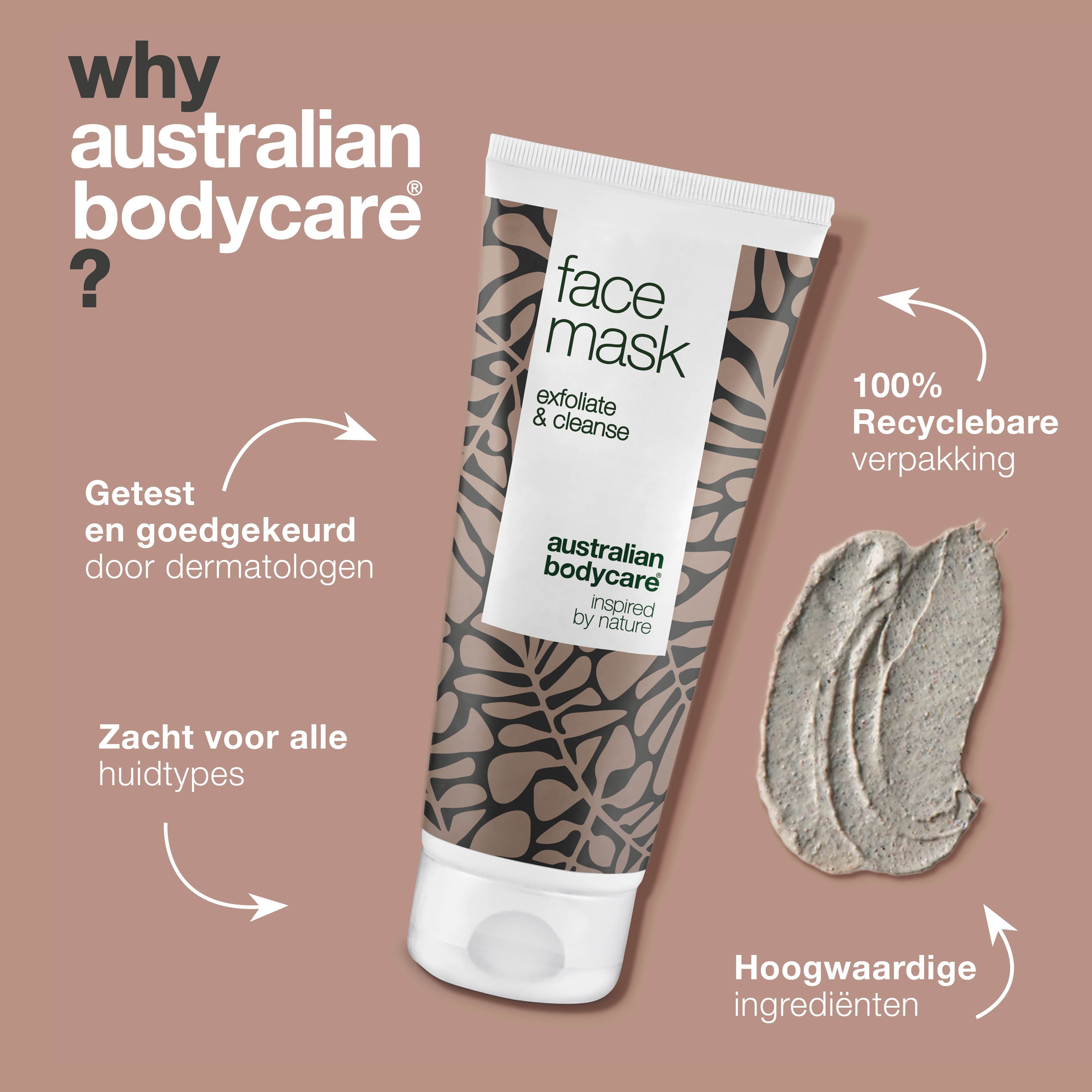 Gezichtsmasker tube, tekst: Face Mask, exfoliate & cleanse, Australian Bodycare. Tekst: 100% recyclebare verpakking.