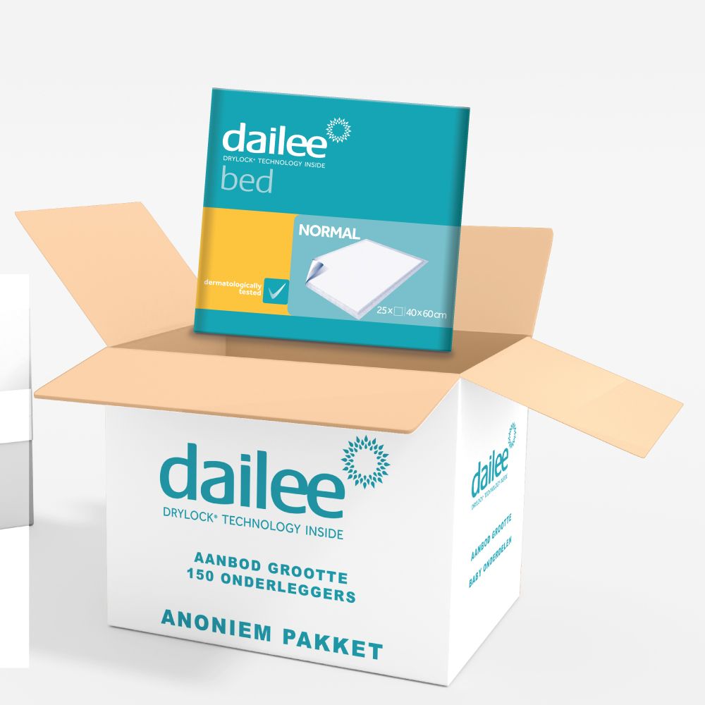 Open doos met Dailee Bed onderleggers. 150 stuks. Verpakking met productinformatie. Anoniem pakket.
