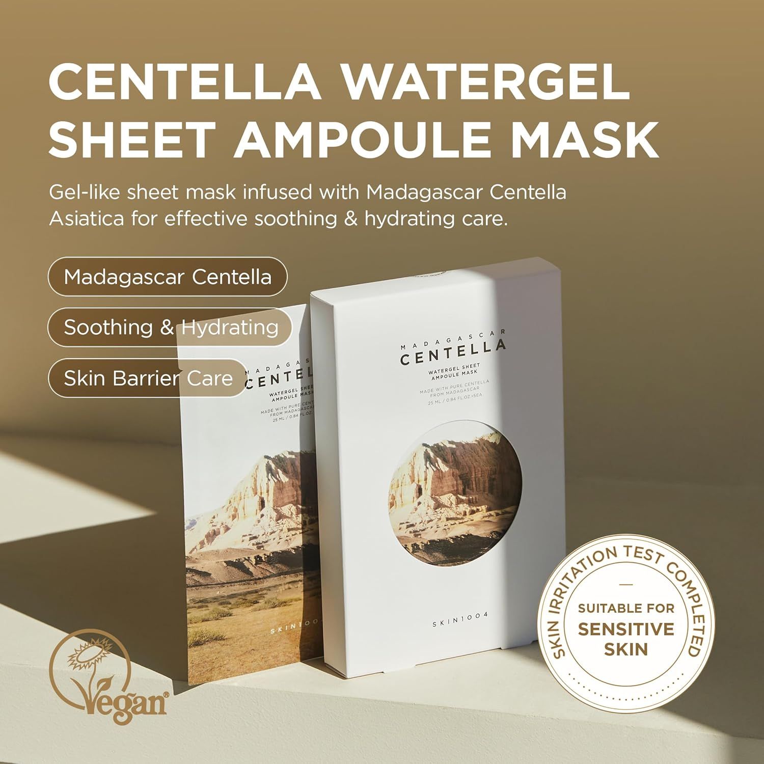 Deux emballages de produit. Texte : CENTELLA WATERGEL SHEET AMPOULE MASK. Logo végétalien. Certification : Skin Irritation Test Completed.