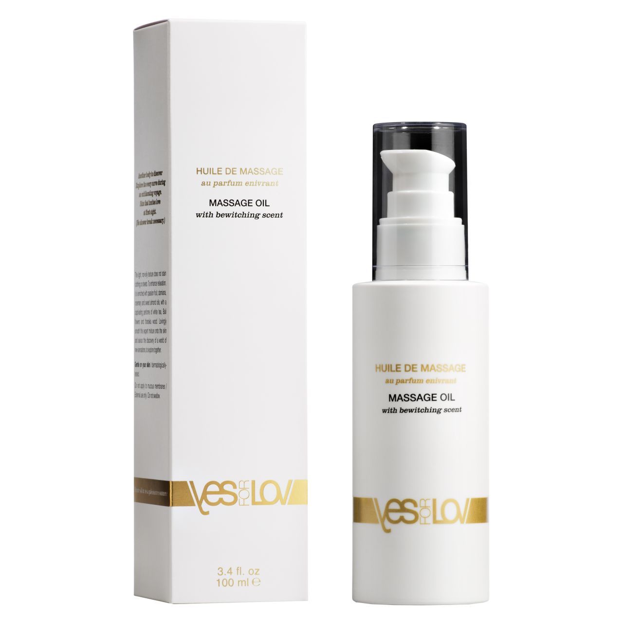 YESforLOV massageolie fles met pompdos en omverpakking.