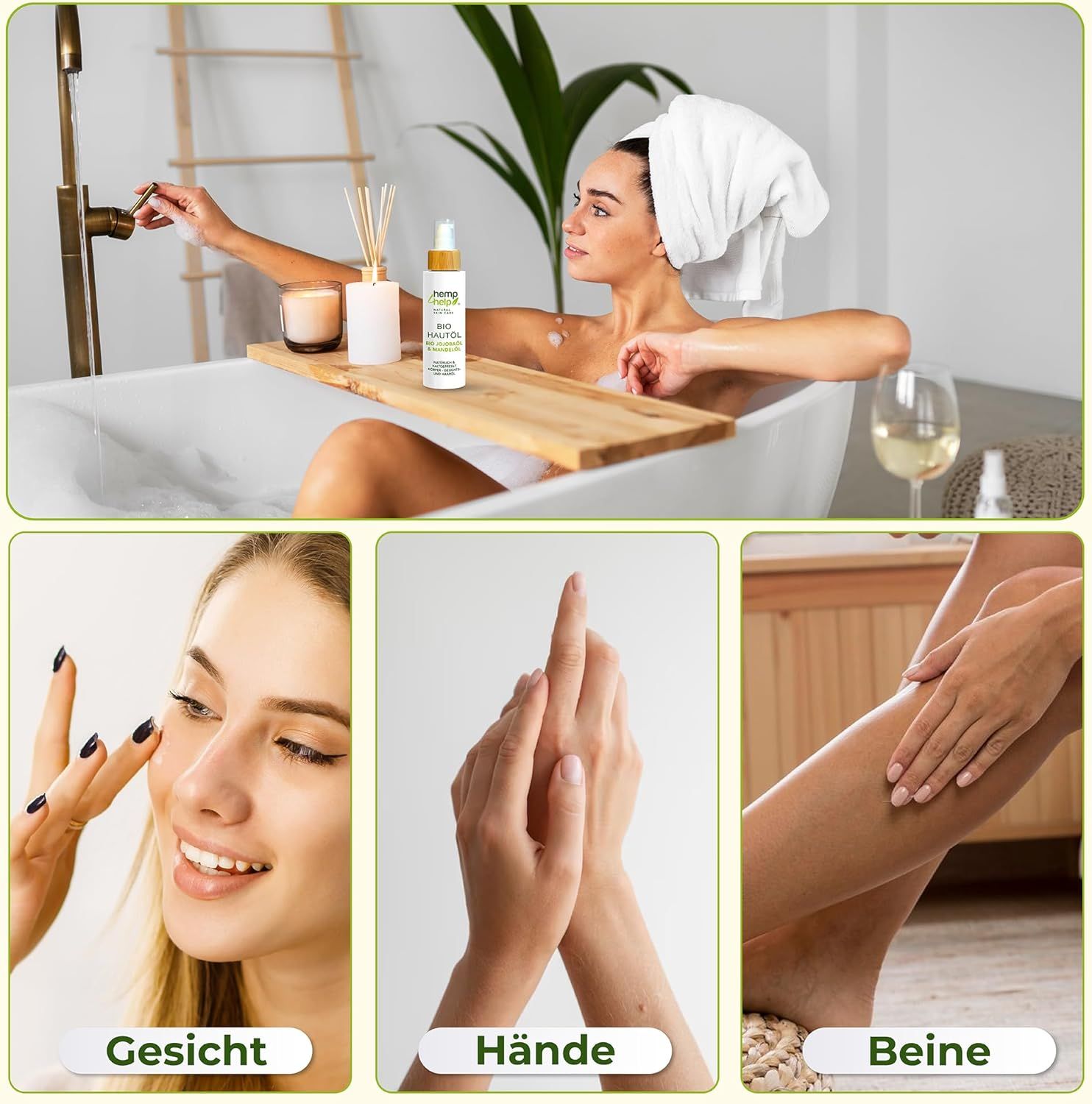Femme dans une baignoire, flacon d'huile pour la peau, mains, visage, jambes. Texte : Visage, mains, jambes. Produit : Bio Hautöl.
