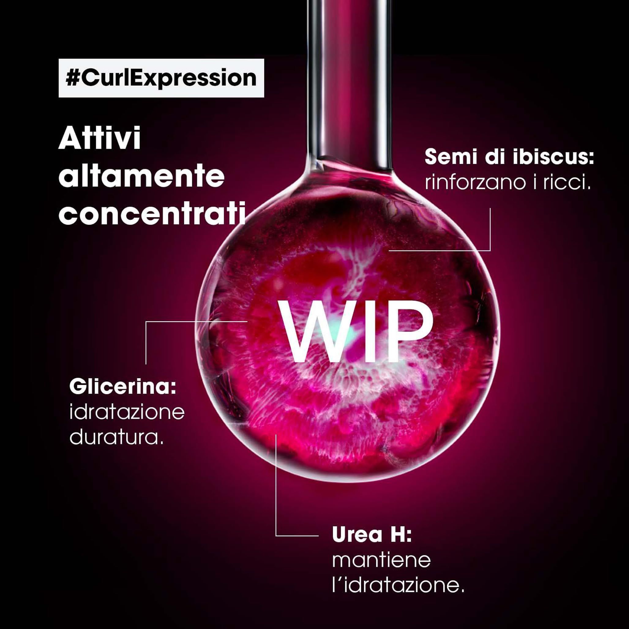 Illustration des ingrédients dans un récipient de laboratoire. Texte: #CurlExpression, Glicerina, Urea H, Semi di ibiscus.