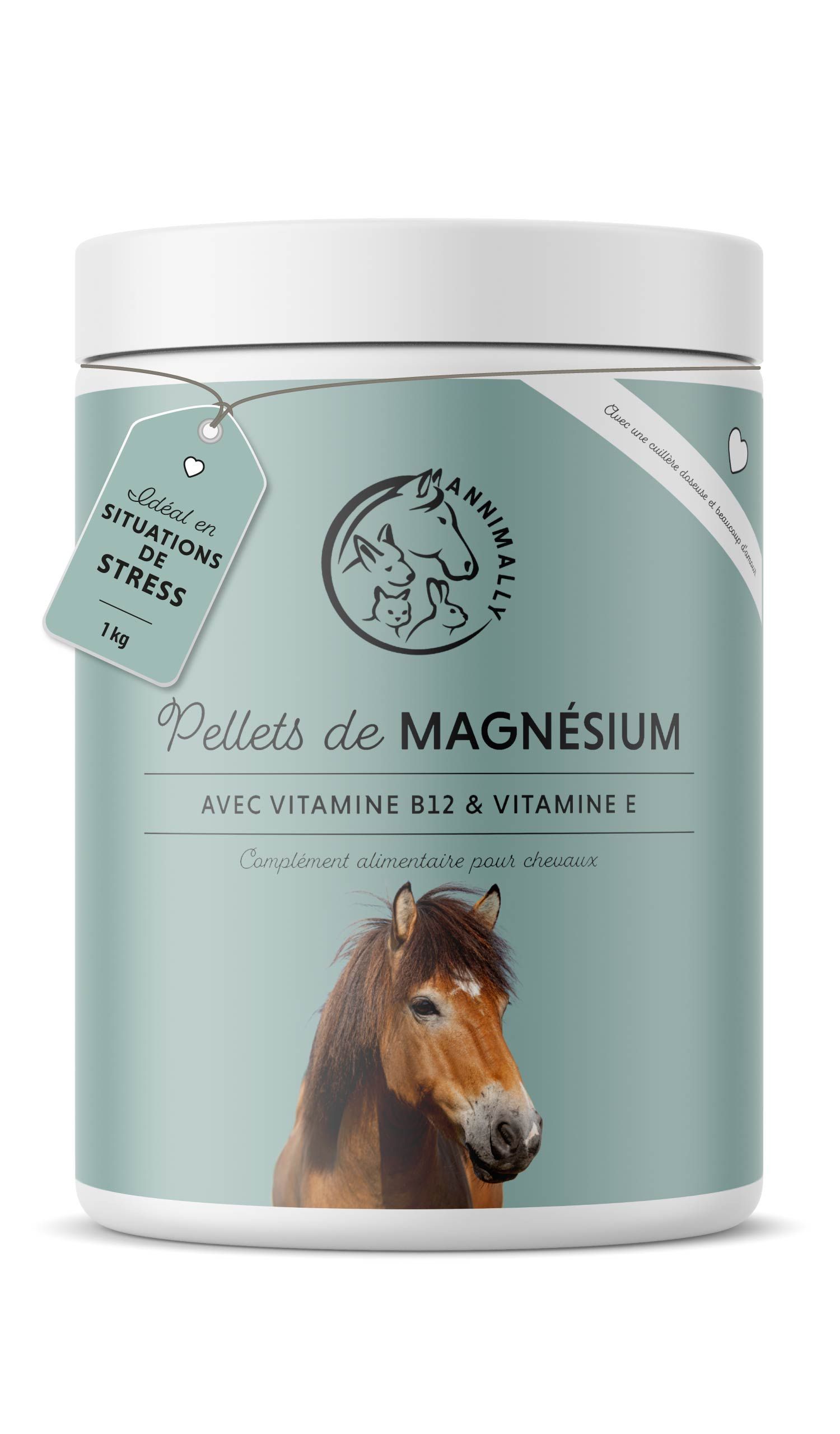 Pot de Annimally Magnesium Pellets. Inscription: Magnesium Pellets, avec Vitamine B12 & E. 1 kg.