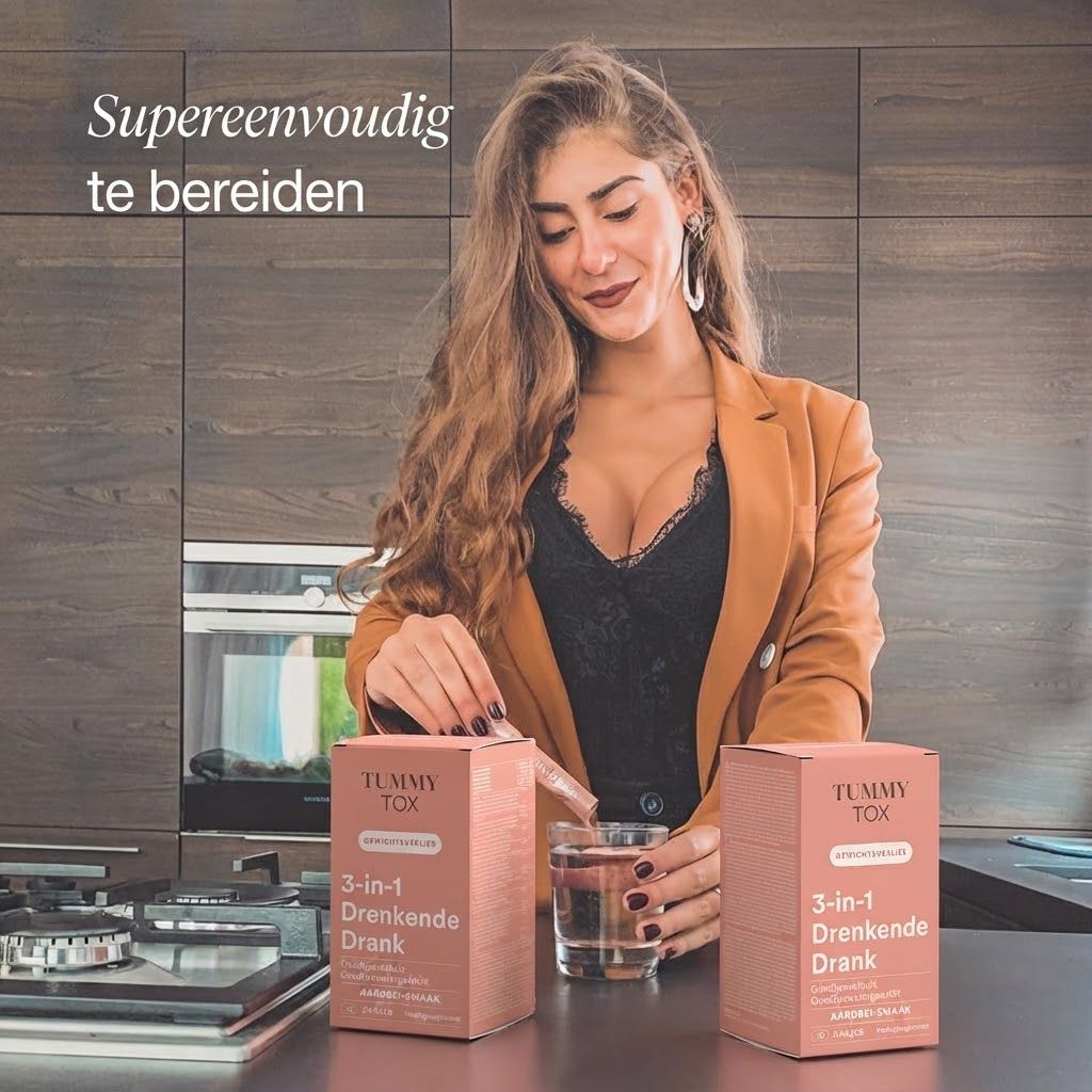 Vrouw in bruine blazer en zwart kant bereidt drankje voor. Twee dozen "Tummy Tox 3-in-1 Drinkende Drank" op het aanrecht.