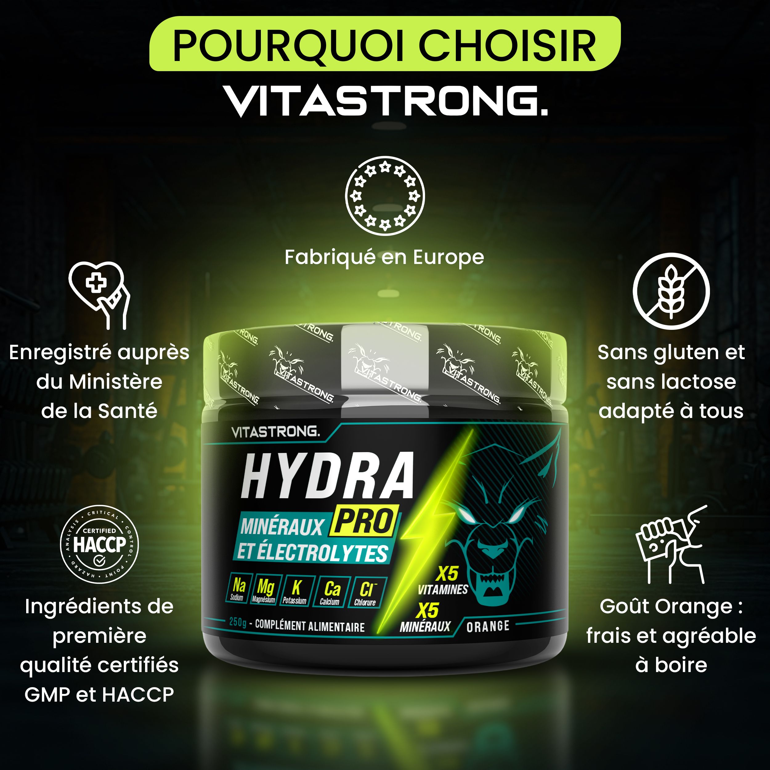 Voetballer. Tekst: "HYDRA PRO", energie, hydratatie en welzijn. Vitastrong.