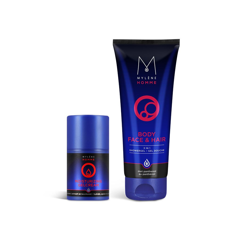 Twee blauwe tubes en flacons. Een flacon met "MYLÈNE HOMME" en "MOISTURIZING GELCREAM". Een tube met "BODY FACE & HAIR".