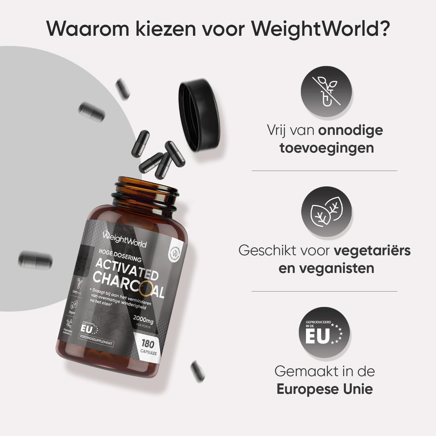 Fles actieve koolkapsels met focus op 180 capsules en vegane ingrediënten.