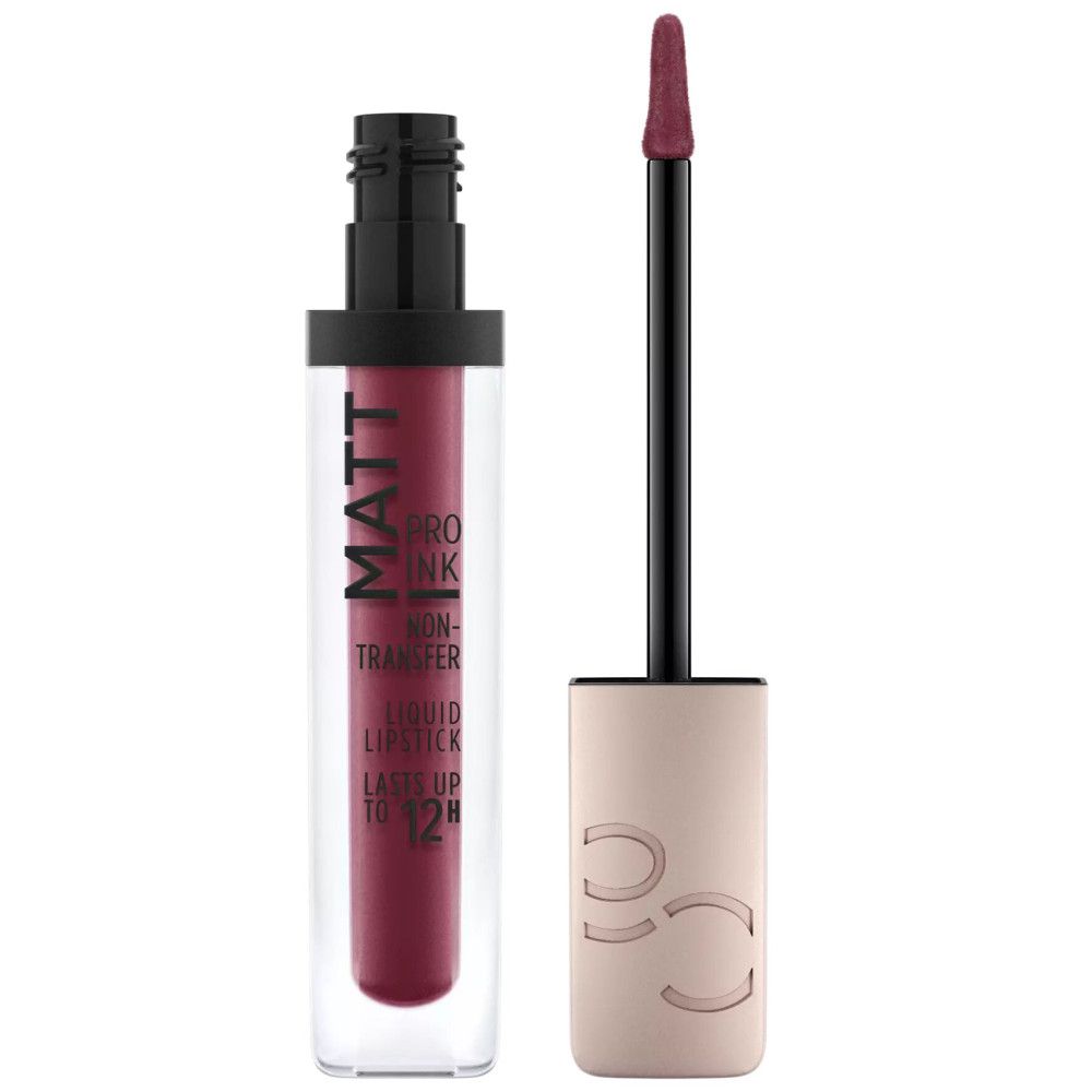 Rouge à lèvres liquide avec applicateur. Tube transparent, bouchon noir. Texte: MATT PRO INK, NON-TRANSFER, LIQUID LIPSTICK, LASTS UP TO 12H. Bouchon or rose.