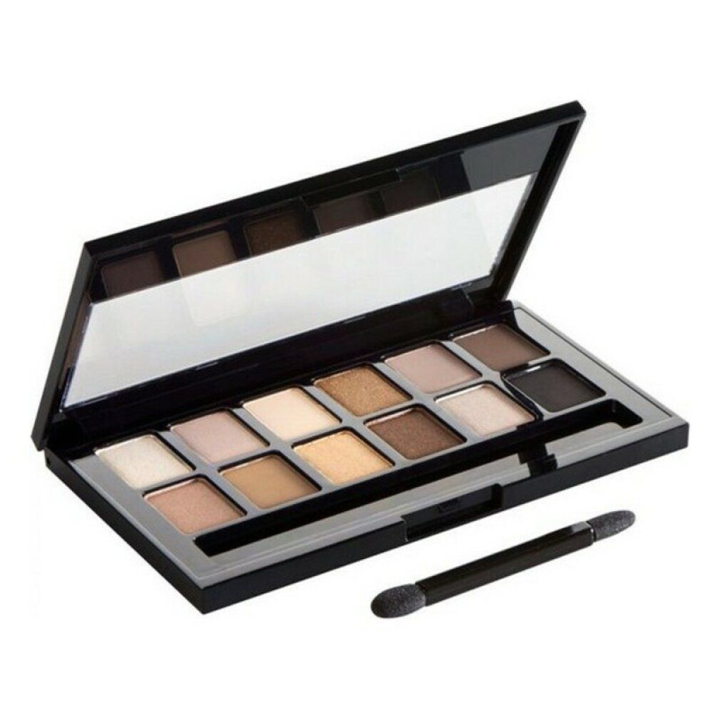 Palette de fards à paupières ouverte avec 12 teintes, miroir et applicateur. Inscription : THE NUDES MAYBELLINE New York.