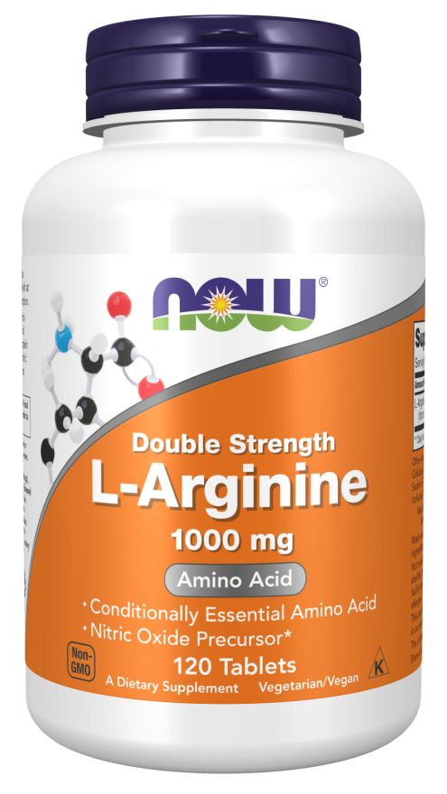 Flacon blanc, bouchon bleu. Inscription: NOW, L-Arginine, 1000 mg, acide aminé. 120 comprimés. Végétarien/Vegan.