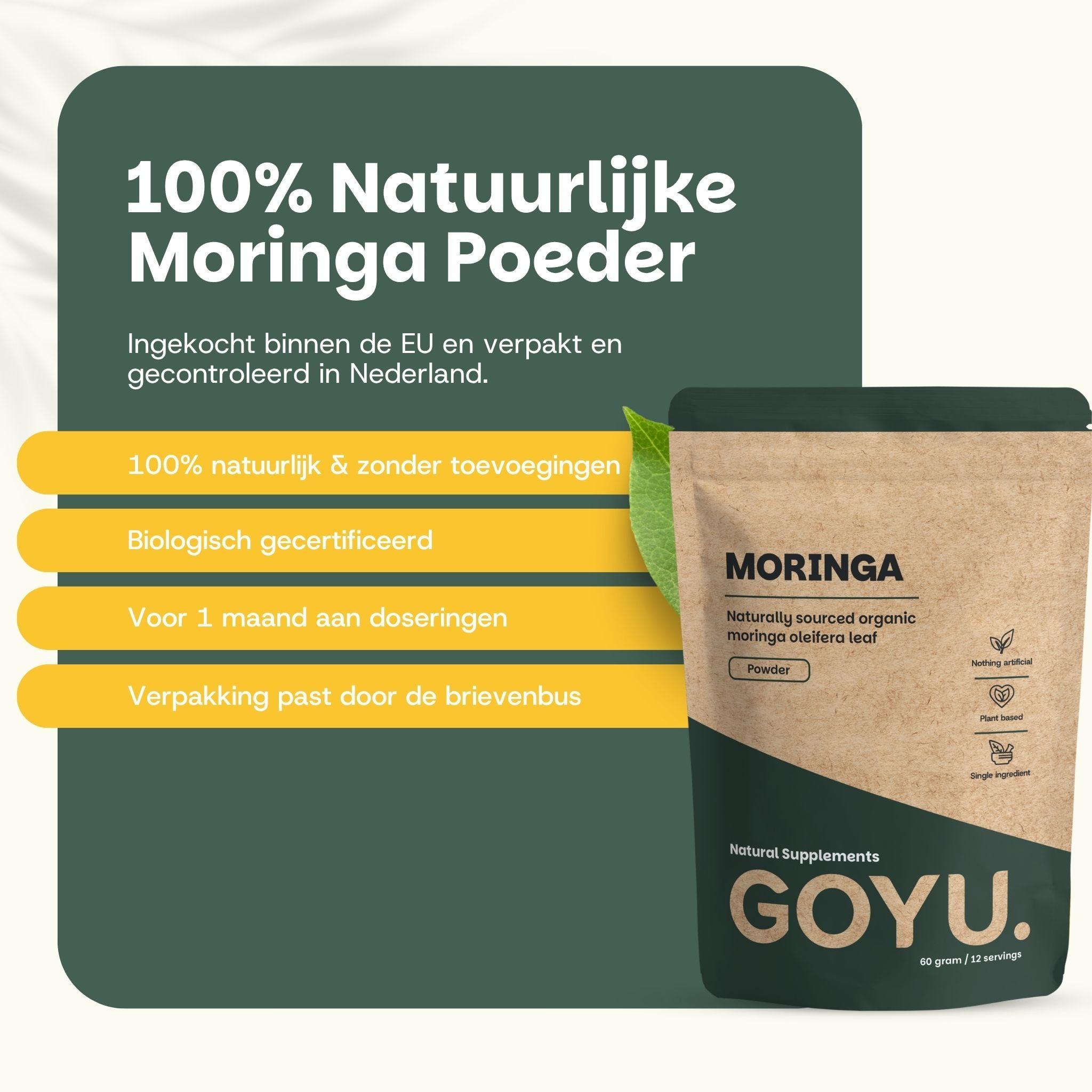 Biologische Moringa poeder: 100% natuurlijk, geen vulstoffen, vegan, biologisch.