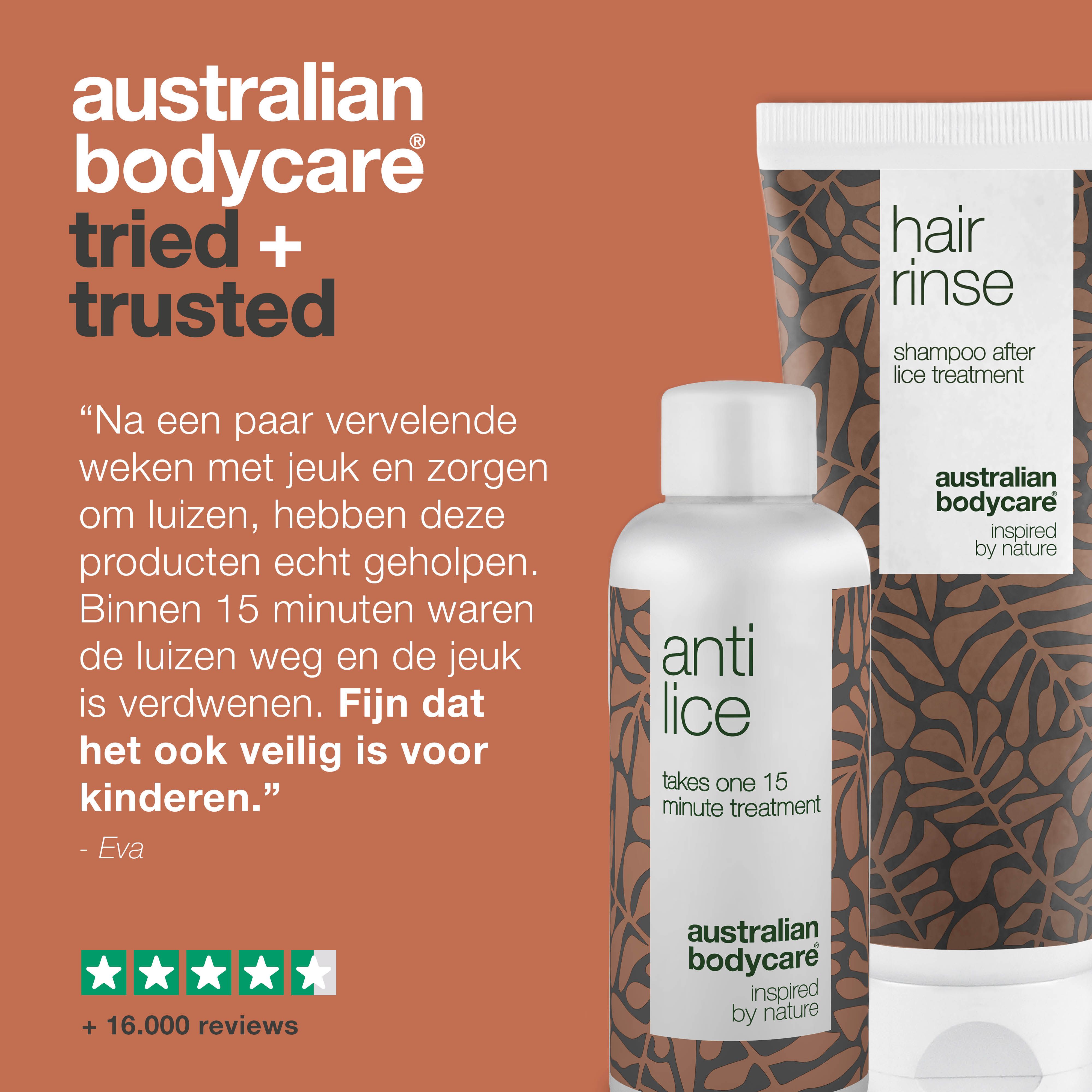 Diagram: Australian Bodycare, geprobeerd en vertrouwd. Producten "Hair Rinse" en "Anti Lice".